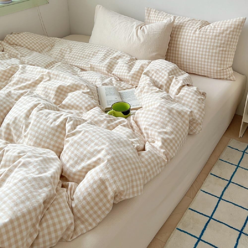 All-Season Soft Beige White Plaid Comforter Twin Sets, 2 Pieces Breathable Plaid Buffalo Checkered Comforter for All Season - Hypoallergenic Ultra-Fluffy Quilt for Winter Detail