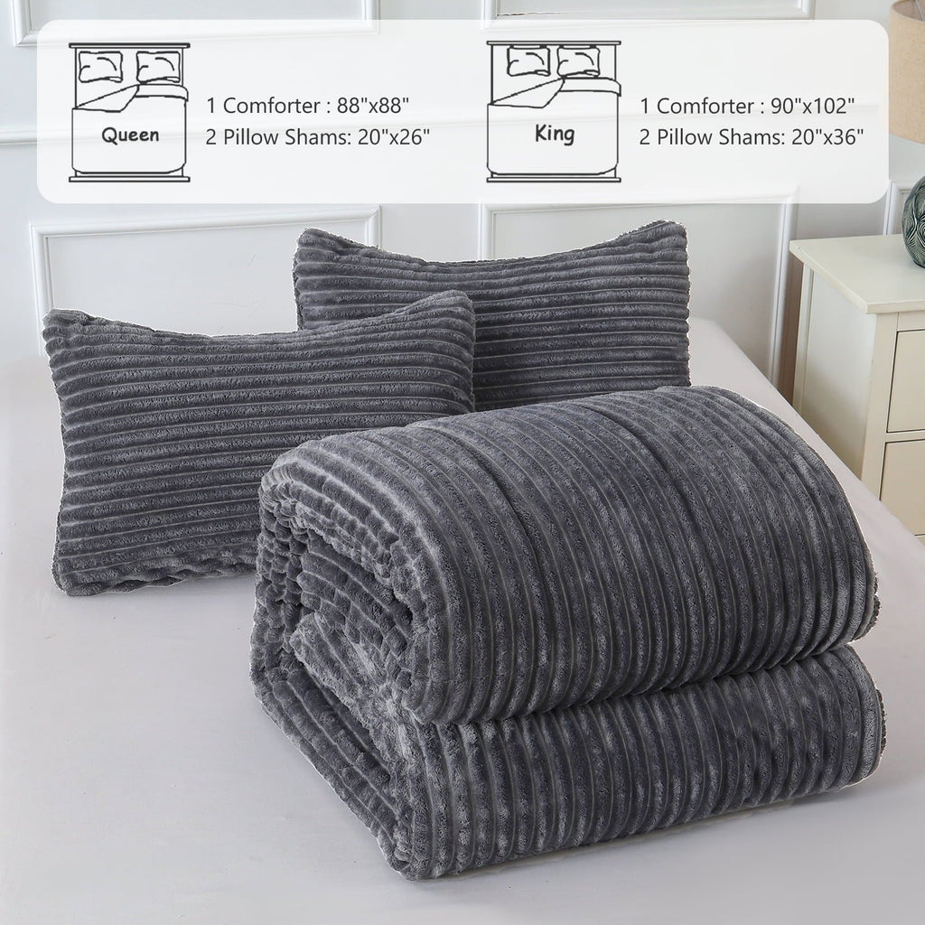 Hypoallergenic Cloud 3 Piece Fleece Queen Comforter Set - Soft & Warm Fluffy Dark Gray Sherpa Bedding , Fuzzy Heavy Double Sided Design Wi... - All-Season Down Alternative Comforter Insert Detail