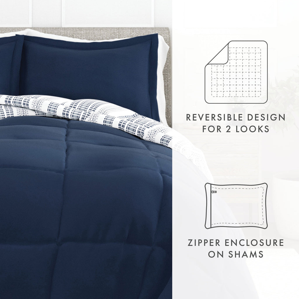 Luxurious Quilted 2-Piece Navy Farmhouse Dreams ReversiblePrint Comforter Set, Twin/TwinXL - All-Season Down Alternative Comforter Insert Detail