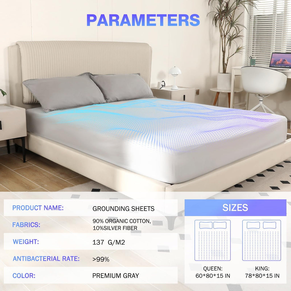 Breathable Luxury Grounding Sheets King Size,Earth Grounded Fitted Bed Sheet 10% Pure Silver Fiber + 90% Organic Cotton, Bed Grounding ... - Cooling Hotel Quality Bedding Sheets and Pillowcases Detail
