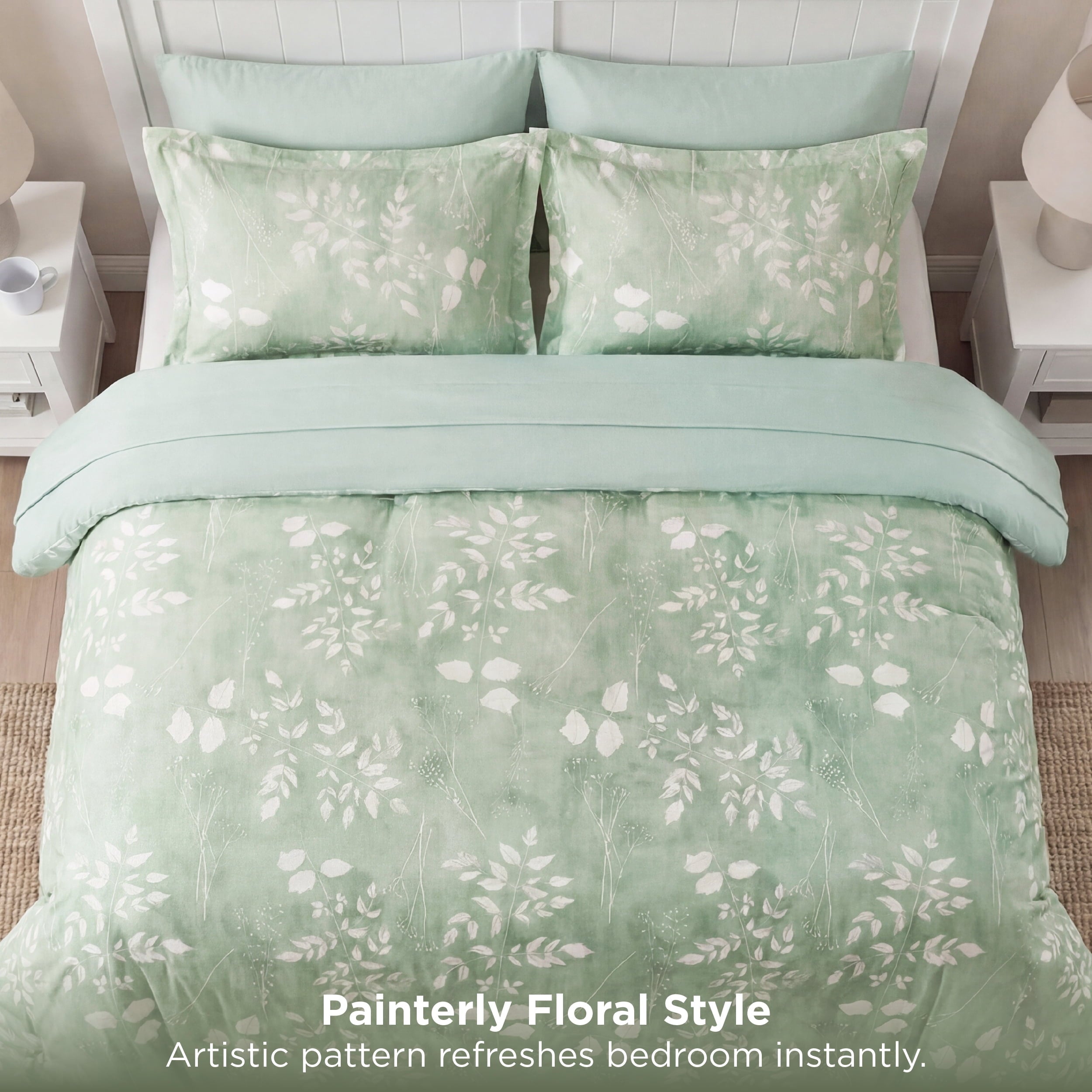 Hypoallergenic Cloud Queen Comforter Set Sage Green, Bed in a Bag Queen Size Bedding, 7-Pieces Botanical Flowers Spring Comforter, Sheets,... - Luxurious Quilted Duvet Cover Set Detail