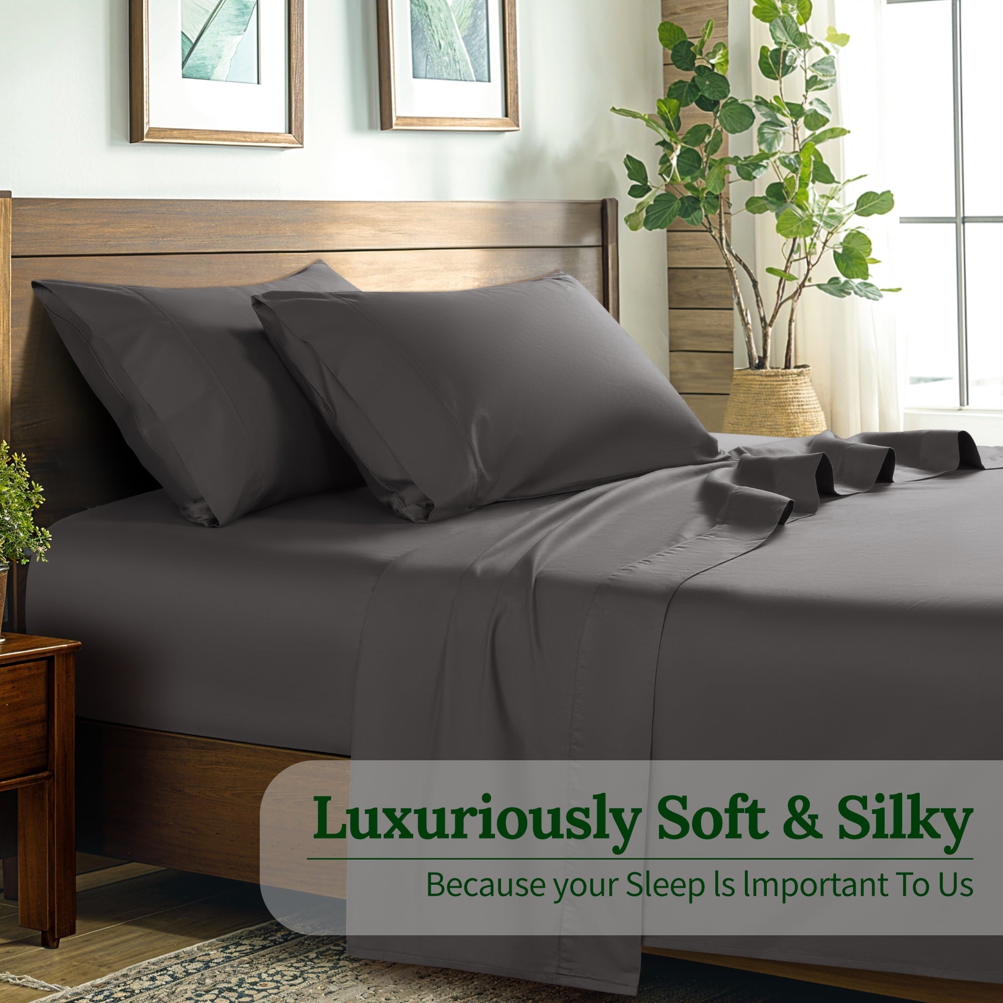 Breathable Luxury 100% Cotton Bed Sheets Set, 1000 Thread Count 4 Piece Luxury Soft Sheets Set with 16" Deep Pocket, Queen, Dark Gray - Luxury Bed Sheet Set with Deep Pockets Detail