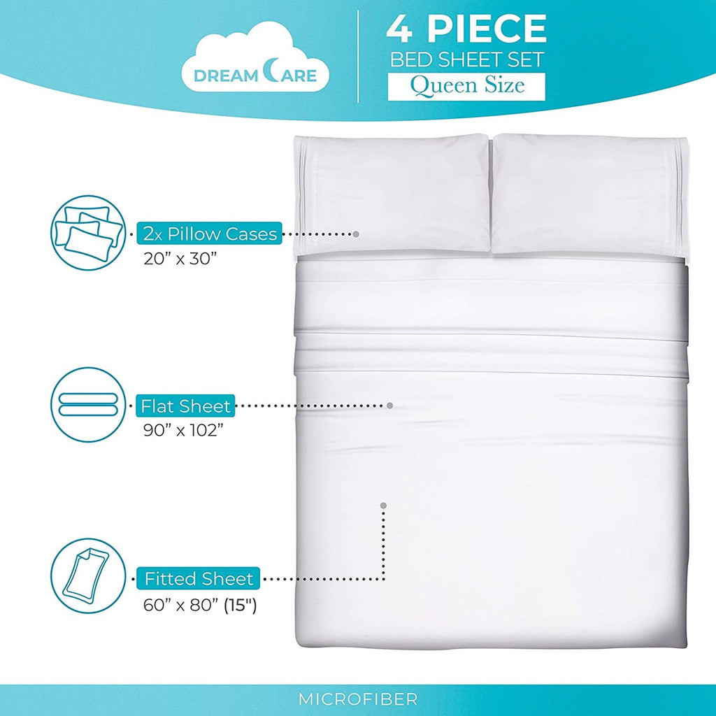 Cooling Sateen Bed Sheets Set - Queen Size Sheet with Side Pocket - 4pcs Set, 15 inches, White - Premium Ultra-Soft Pillowcase Pair for Sleeping Detail