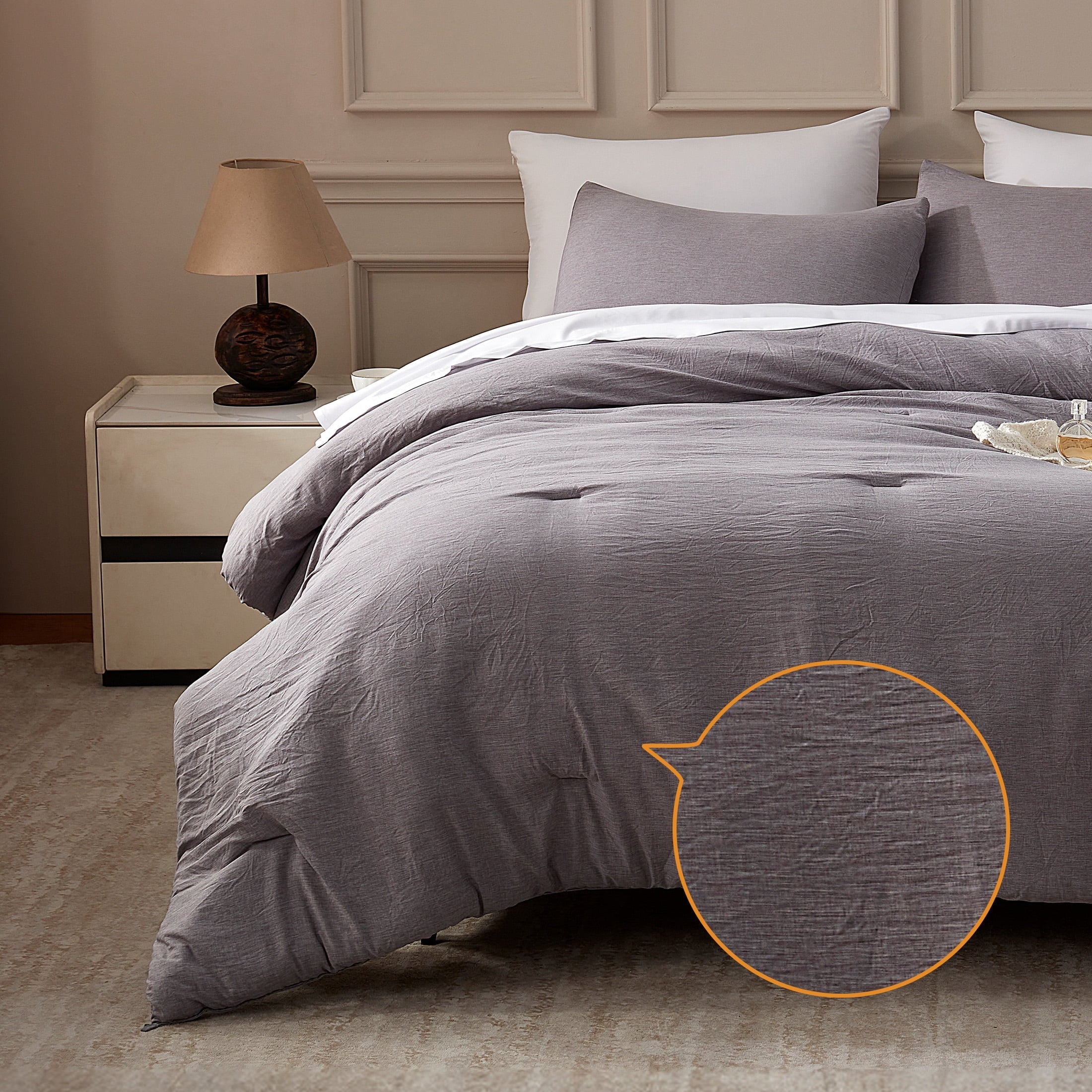 Fluffy Down Alternative Washed Comforter Set Full Size - 3 Pieces Soft Luxury Cationic Dyeing Bedding Sets, Linen-Like Texture Breathable Wri... - Hypoallergenic Ultra-Fluffy Quilt for Winter Detail