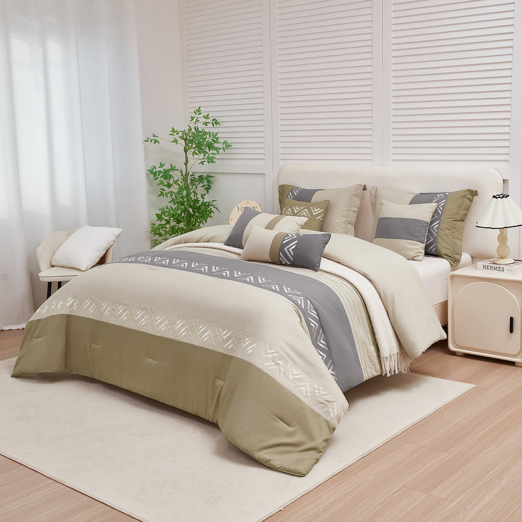 Heavyweight Warmth 7 Piece Embroidery Design Bed-in-a-Bag, Taupe Queen Size Ultra Soft Comforter Set for Adults - Hypoallergenic Ultra-Fluffy Quilt for Winter Detail