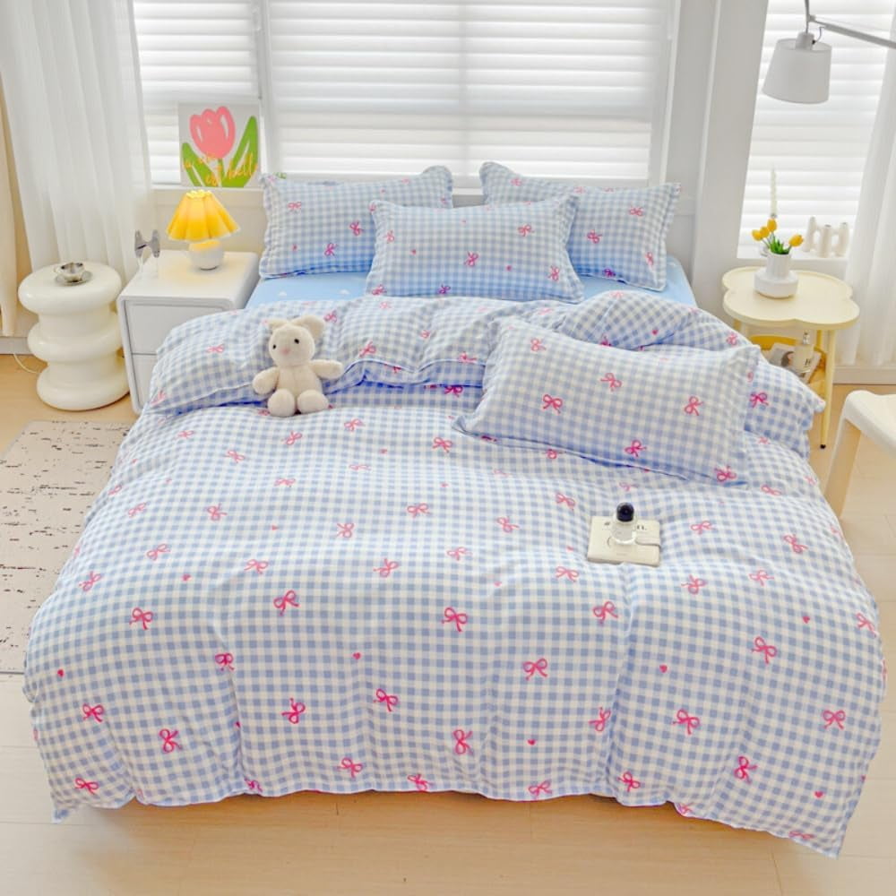 Hypoallergenic Cloud 3-Piece Blue Plaid Pink Bows Comforter Full Set , Cute Soft Bedding Set for Kids Adults - All-Season Down Alternative Comforter Insert Detail