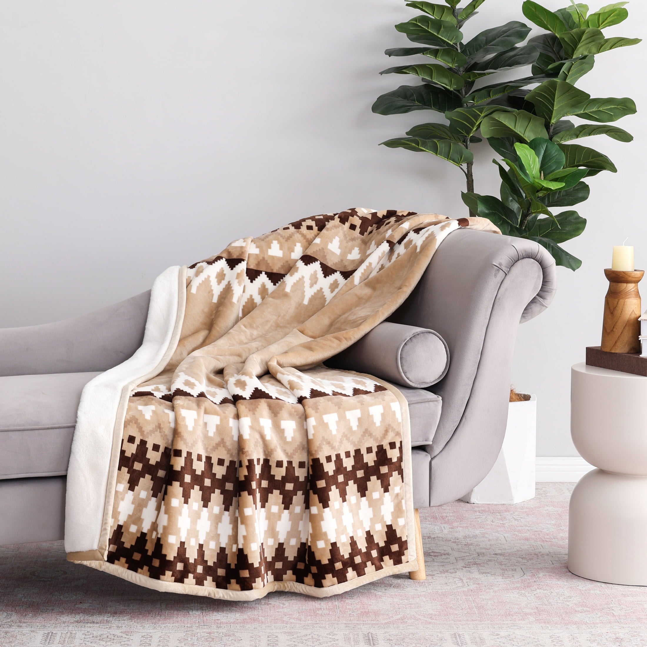 Super Soft Flannel Printed Velvet Plush Reverse to Faux Fur Super Soft Throw Blanket, Oversized, Linder Border Beige - Cozy Fleece Throw Blanket for Couch & Bed Detail