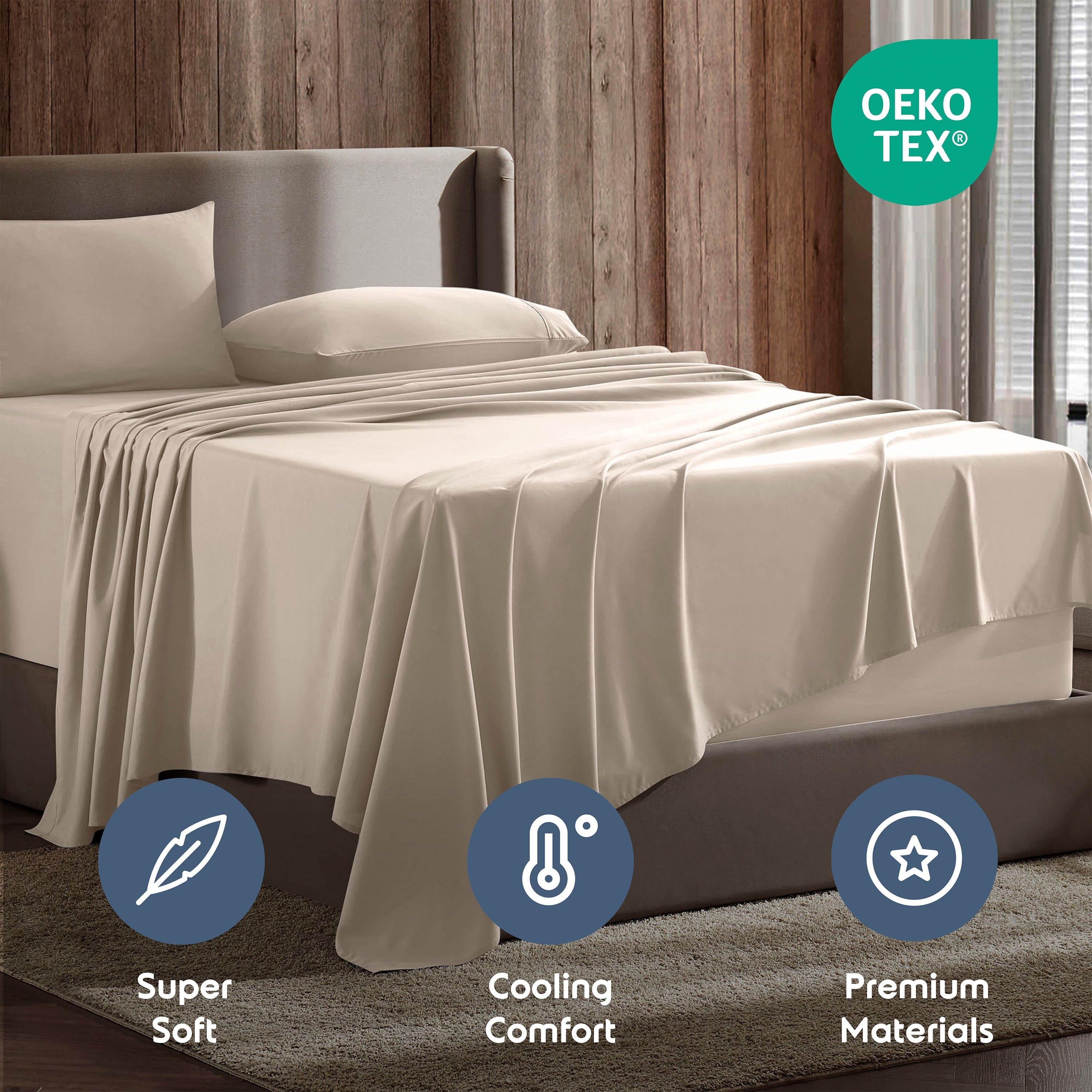 Cooling Sateen King Sheet Sets, 1800 Series Deep Pocket 4 Piece, Luxury Soft Microfiber Bed Sheet Sets, BEIGE CREAM - Breathable Egyptian Cotton Flat & Fitted Sheets Detail