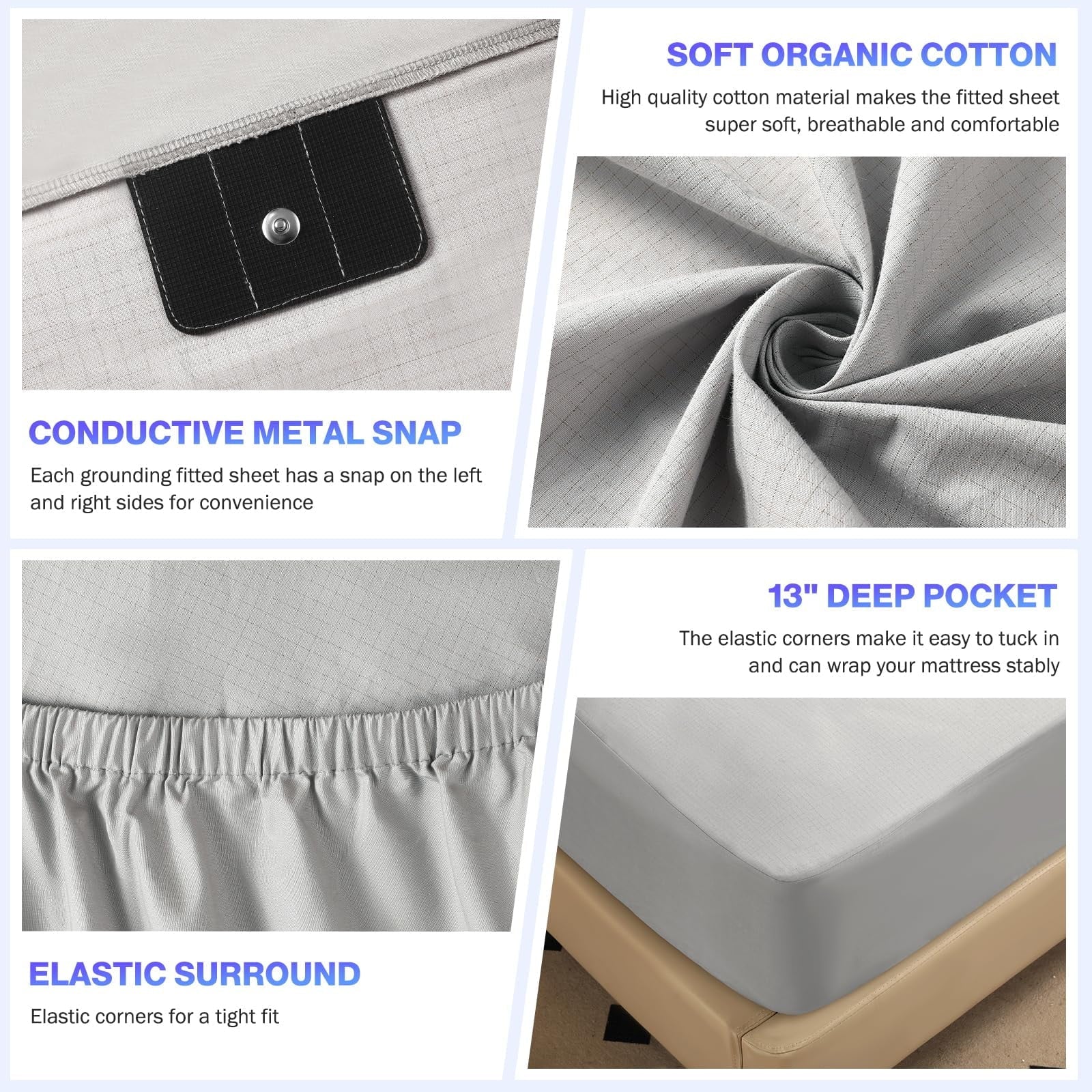 Breathable Luxury Grounding Sheets King Size,Earth Grounded Fitted Bed Sheet 10% Pure Silver Fiber + 90% Organic Cotton, Bed Grounding ... - Cooling Hotel Quality Bedding Sheets and Pillowcases Detail