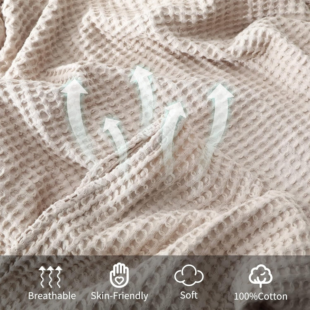 Reversible Sherpa 100% Cotton Waffle Bed Blanket King Size, Throw Blanket for Couch All Seasons (Beige, 104x90) - Luxury Knitted Decorative Throw Blanket with Fringes Detail
