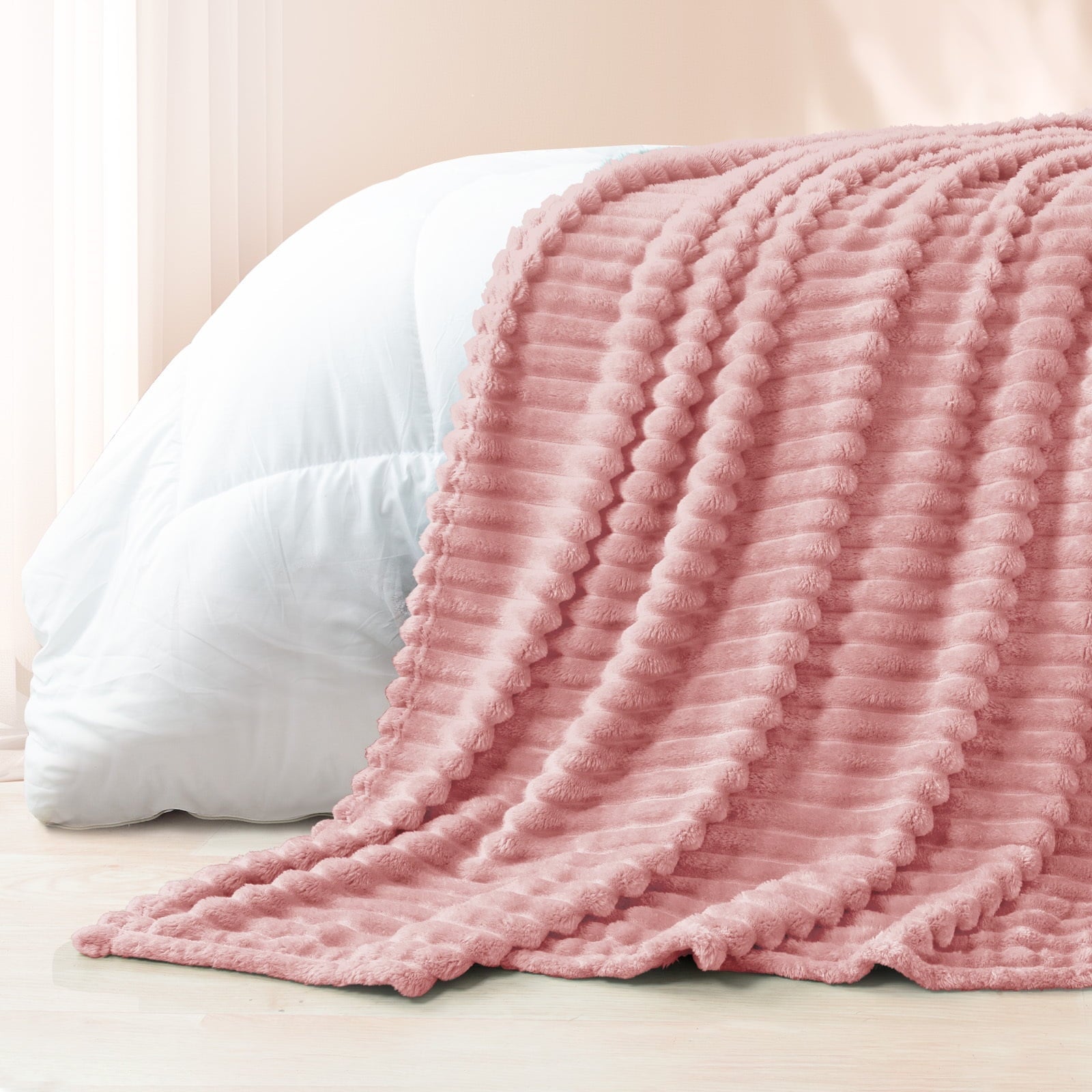 Super Soft Flannel Fleece Throw Blanket for Couch, Super Soft 3D Striped Jacquard Blanket, Lightweight Fuzzy Cozy Blankets, Pink, 50"x60" - Cozy Fleece Throw Blanket for Couch & Bed Detail
