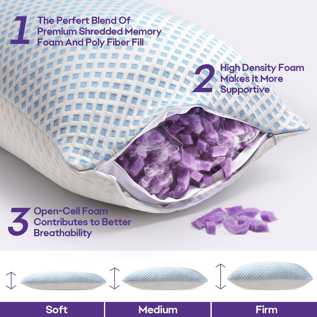 Orthopedic Support Cooling Pillows for Bed Sleeping Shredded Memory Foam Pillows Queen Size Set of 2 Pack 20 x 30 inches - Decorative Throw Pillow Cushion for Sofa & Bed Detail