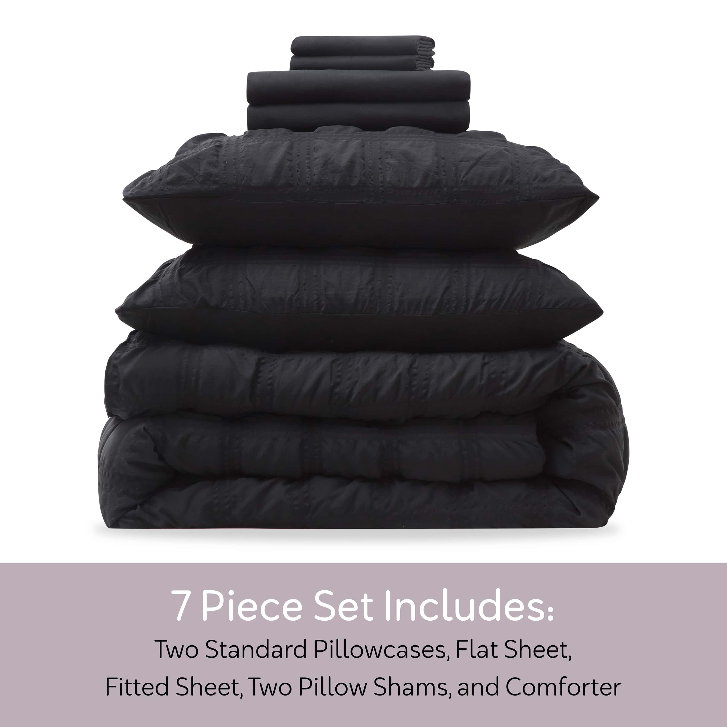 Hypoallergenic Cloud Queen Comforter Set, Seersucker Queen Size Comforter Set, 7-Pc All Season Bedding Comforter Set, Black - All-Season Down Alternative Comforter Insert Detail