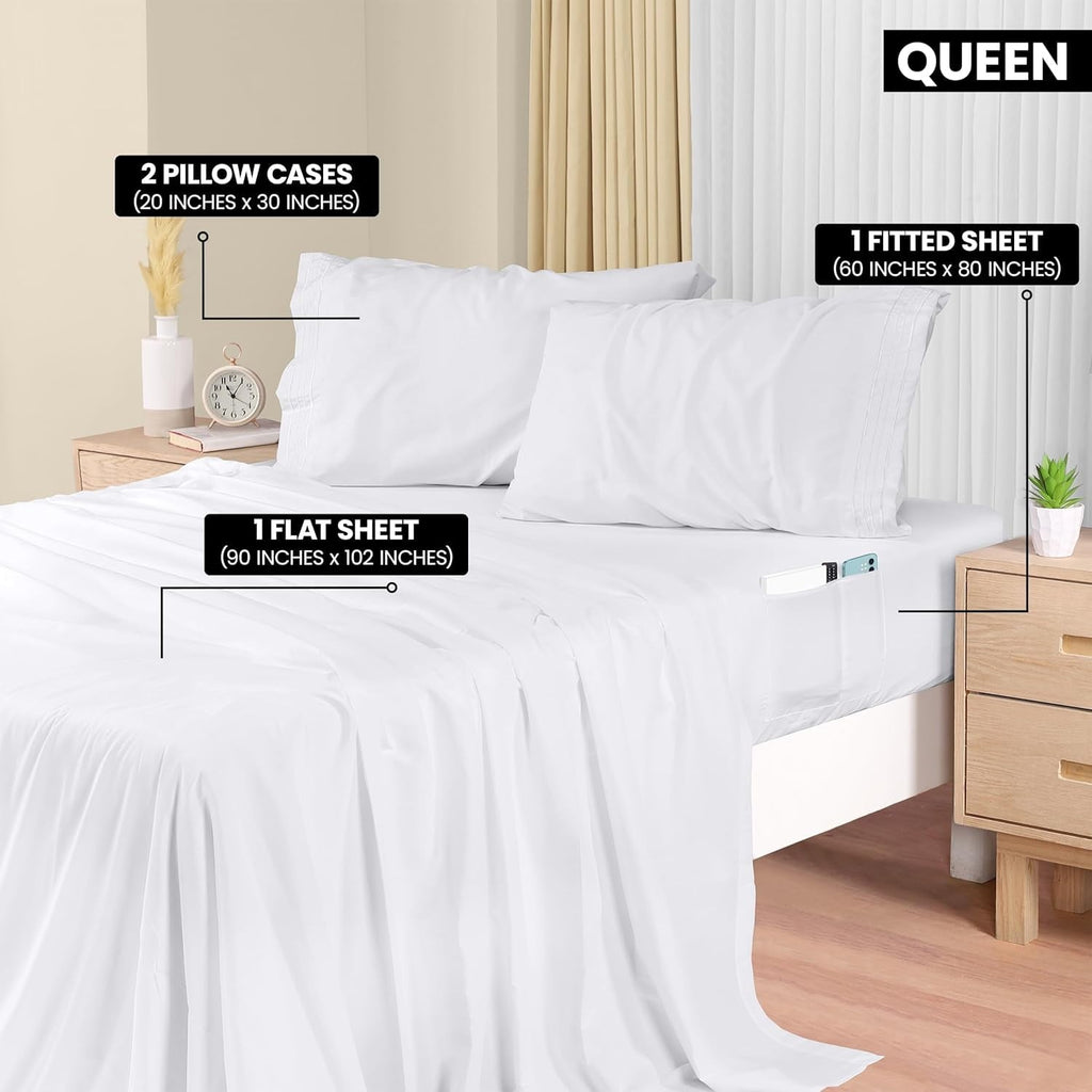 Wrinkle-Resistant Set, Soft Microfiber 4 Piece Hotel Luxury Bed s with Deep Pockets, Embroidered Pillow Cases, Side Storage Pocket Fitt... - Luxury Bed Sheet Set with Deep Pockets Detail