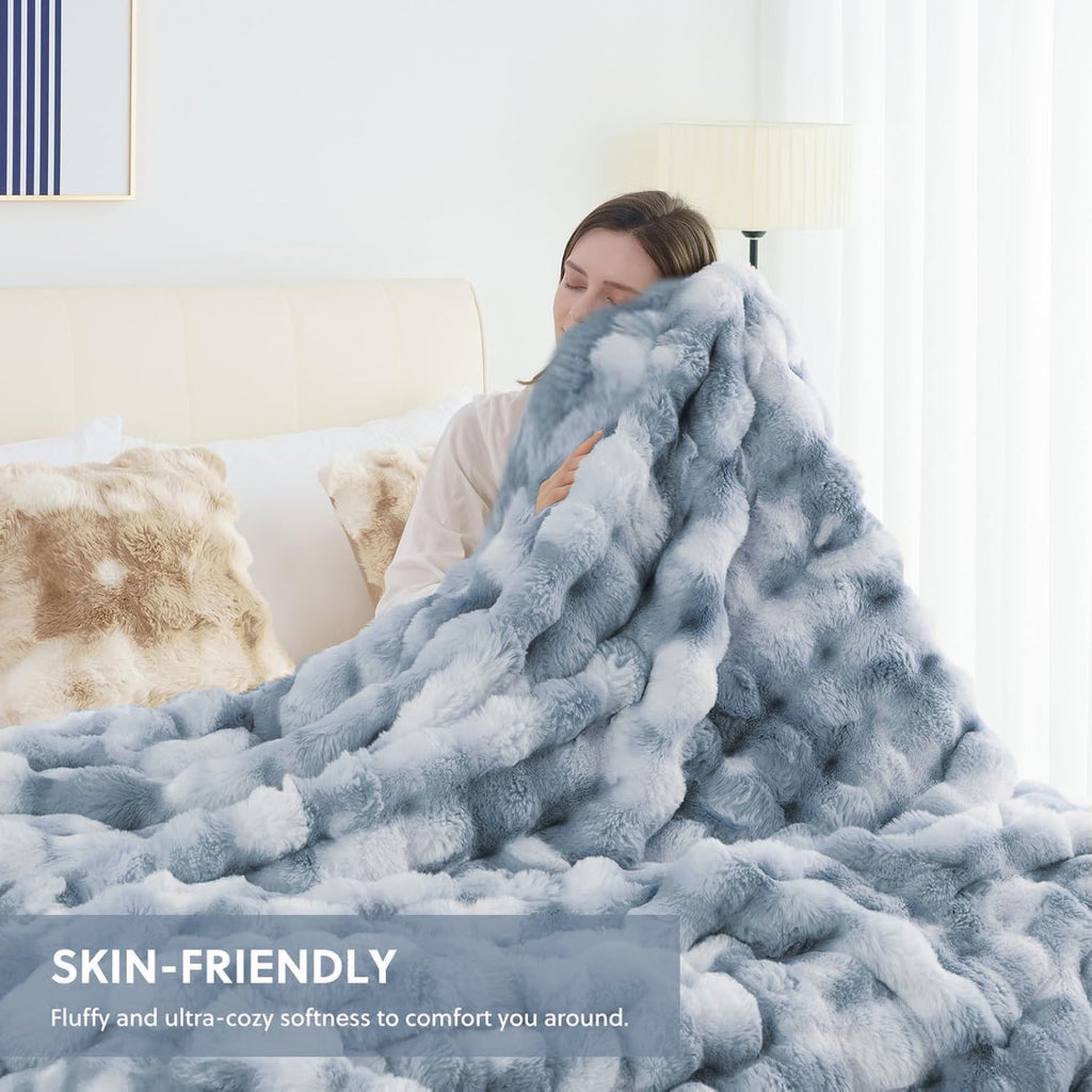 Reversible Sherpa Faux Fur Blanket Fluffy Luxury Throw Blanket Plush Fuzzy Blanket for Couch Bed 50×60 Inches Tie-dyed Blue - Luxury Knitted Decorative Throw Blanket with Fringes Detail