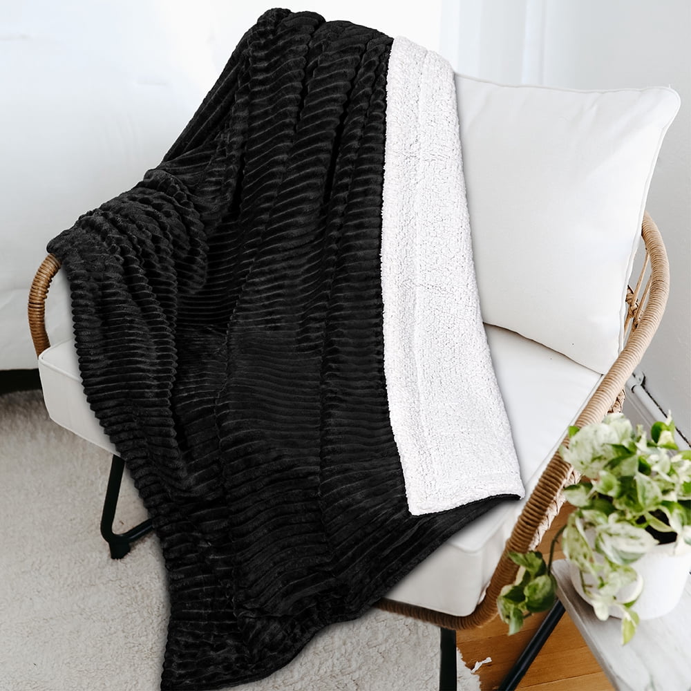 Lightweight Warm Reversible Sherpa Fleece Throw Blanket Black, Plush Flannel Throw, Ultra Soft Warm Ribbed Microfiber Blanket for Sofa... - Cozy Fleece Throw Blanket for Couch & Bed Detail