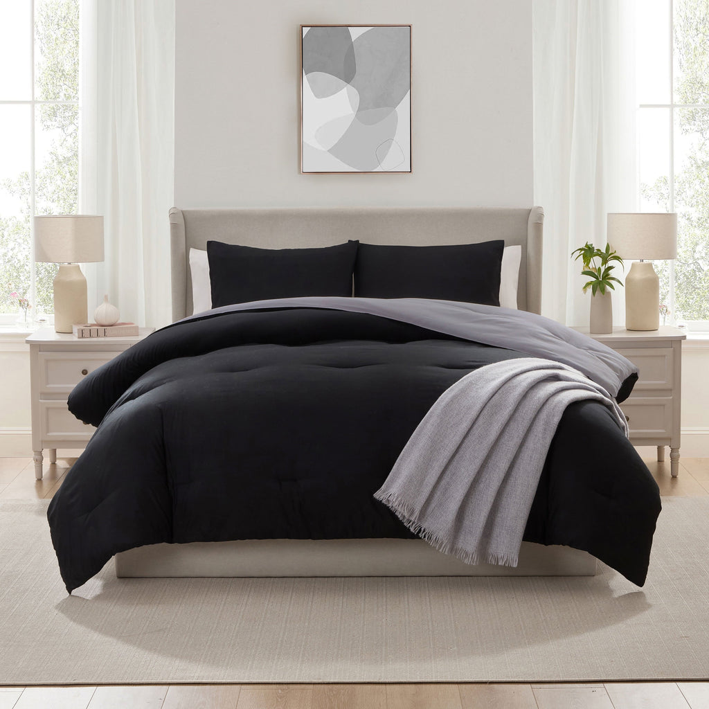 Luxurious Quilted Comforter Sets, All Season Lightweight Reversible Queen Comforter Set, 3-Pc Bedding Sets, Black/Charcoal gray - Hypoallergenic Ultra-Fluffy Quilt for Winter Detail