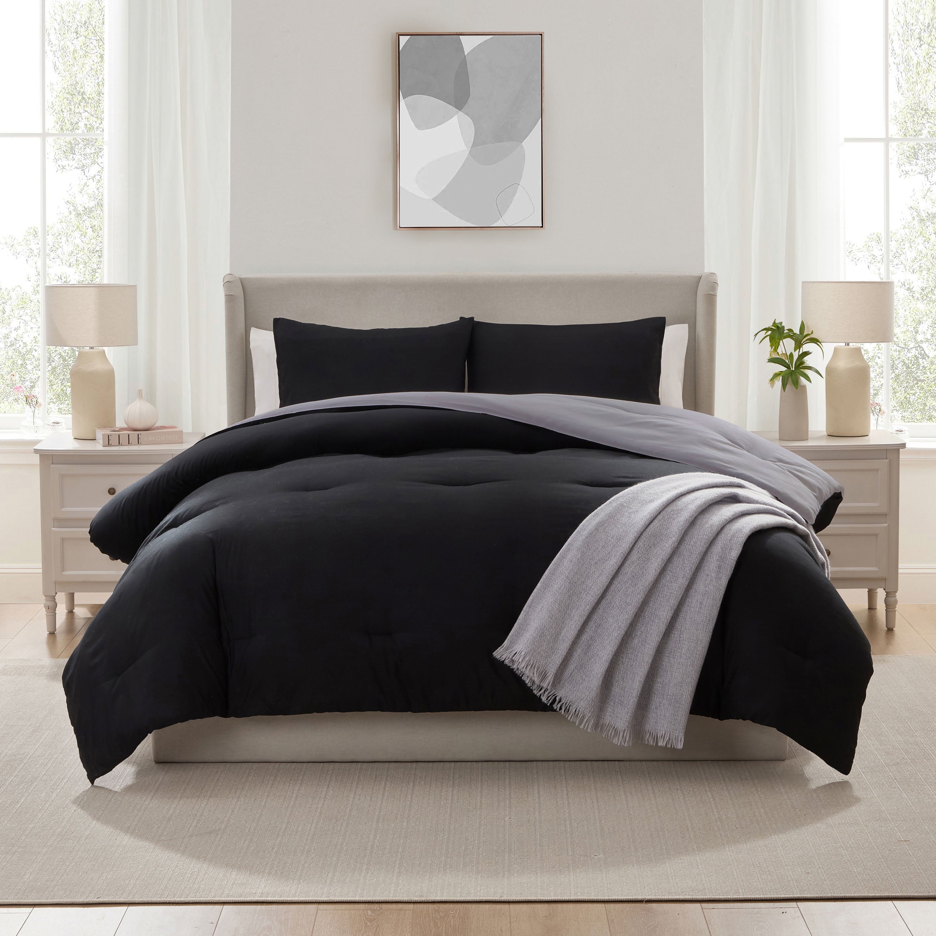 Luxurious Quilted Comforter Sets, All Season Lightweight Reversible Queen Comforter Set, 3-Pc Bedding Sets, Black/Charcoal gray - Hypoallergenic Ultra-Fluffy Quilt for Winter Detail