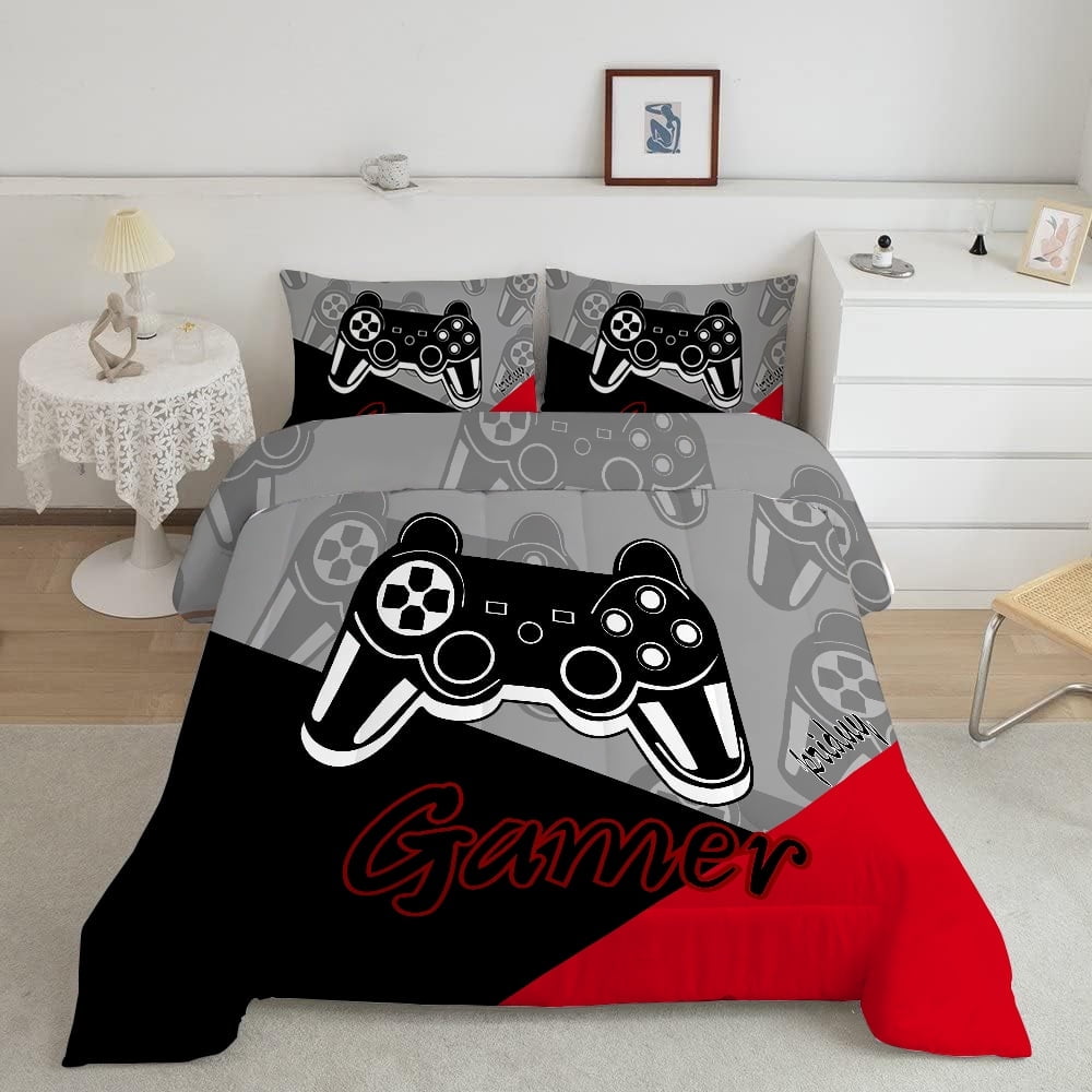 Luxurious Quilted Gaming Comforter for Kids Boys Teens Video Game Bedding Set Gamer Comforter Gamepad Comforter Set Full Size Red Black... - All-Season Down Alternative Comforter Insert Detail