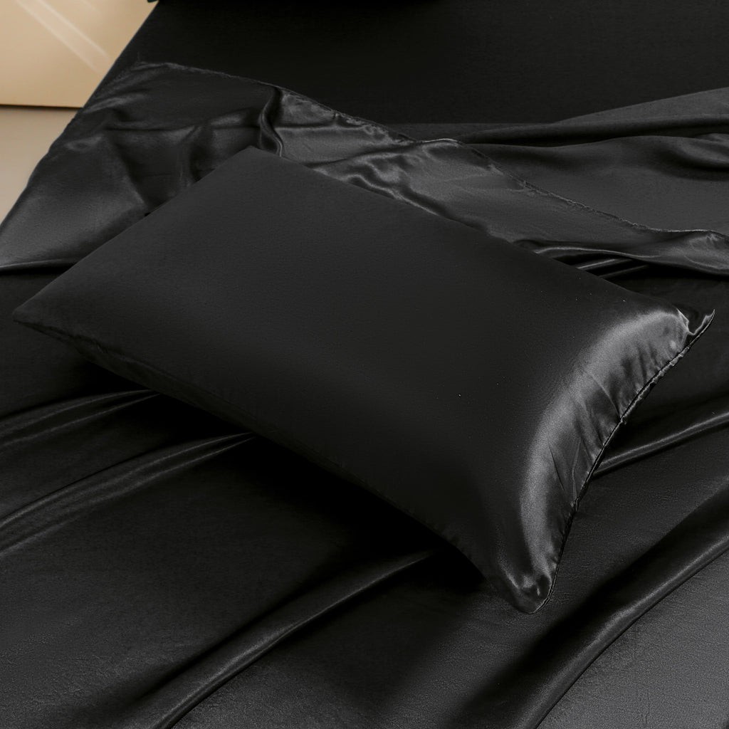 Breathable Luxury 4Pcs Black Satin Sheets Queen Set Silk Sheets 13" Deep Pocket Ultra Soft silky Bed Sheet Set - Premium Ultra-Soft Pillowcase Pair for Sleeping Detail