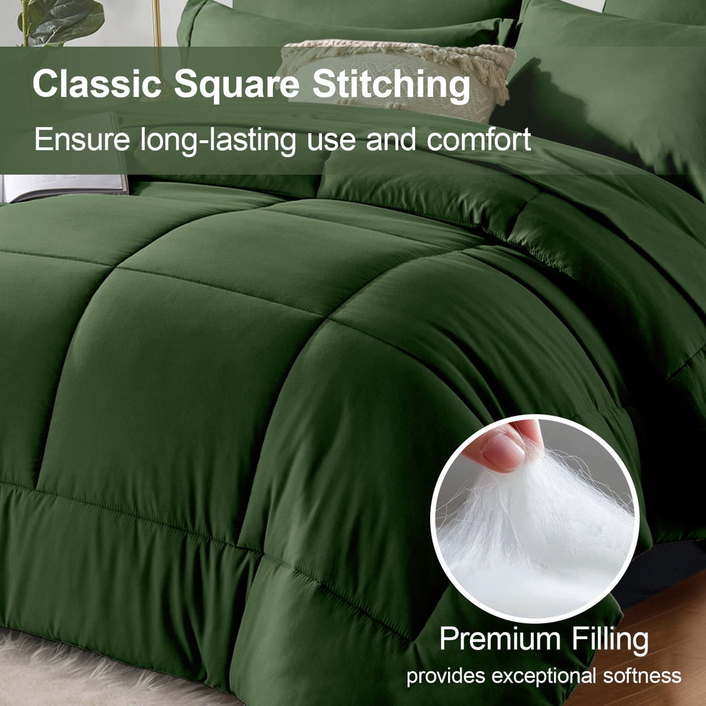 All-Season Queen Comforter Set Forest Green Bed in a Bag Queen Size 7 Pieces Soft Bed Set Lightweight Microfiber Green Bedding C... - Luxurious Quilted Duvet Cover Set Detail