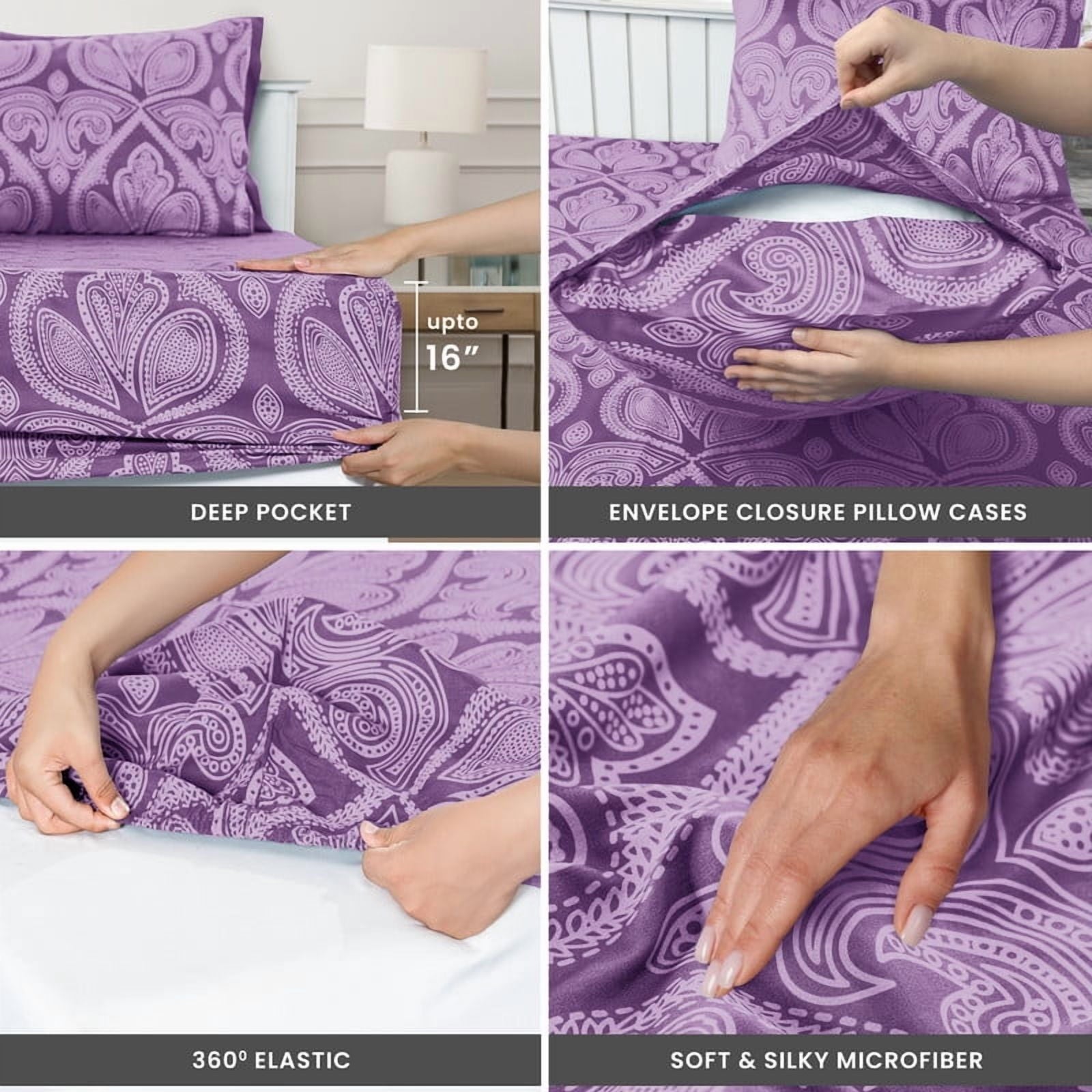Cooling Sateen Paisley Printed Queen Bed Sheets Set, Microfiber 6 Piece Bedding Set - Purple - Cooling Hotel Quality Bedding Sheets and Pillowcases Detail