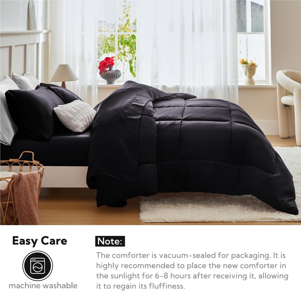 Fluffy Down Alternative Reversible Satin Microfiber Comforter 3 Pieces Queen Size, Black Queen Comforter Set for All Seasons, Silky Soft Sati... - All-Season Down Alternative Comforter Insert Detail