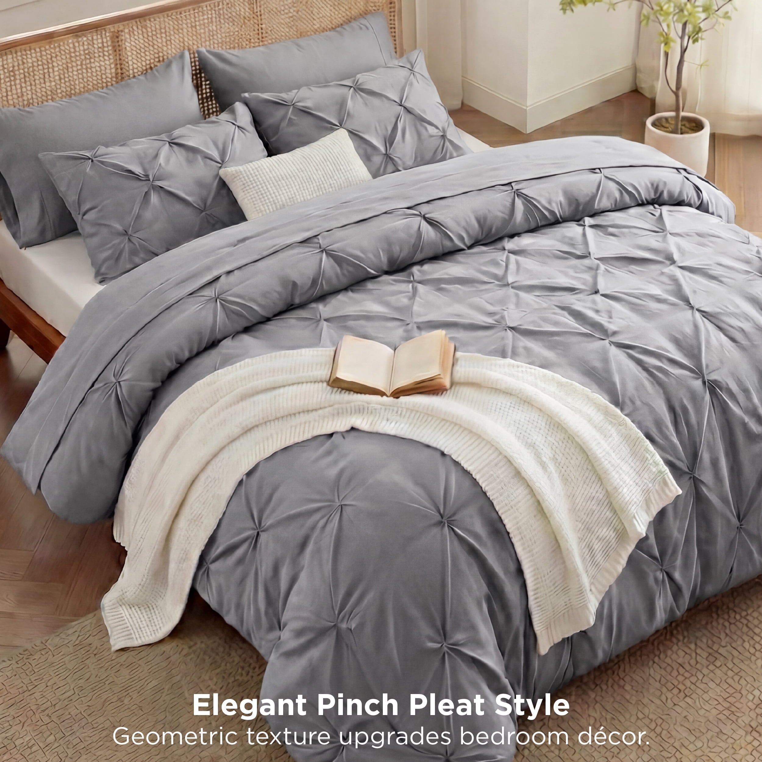 Fluffy Down Alternative Queen Comforter Set Grey, Bed in a Bag Queen Size Bedding, 7 Pieces Pinch Pleat All Season Comforter - Hypoallergenic Ultra-Fluffy Quilt for Winter Detail