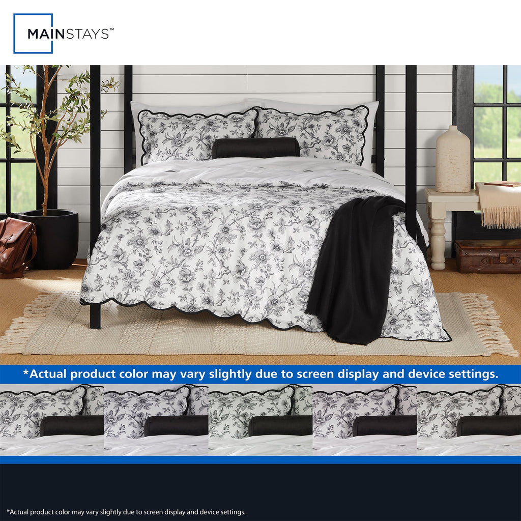 Heavyweight Warmth Floral Scallop 4-Piece White/Black Comforter Set, Twin/Twin XL - Hypoallergenic Ultra-Fluffy Quilt for Winter Detail