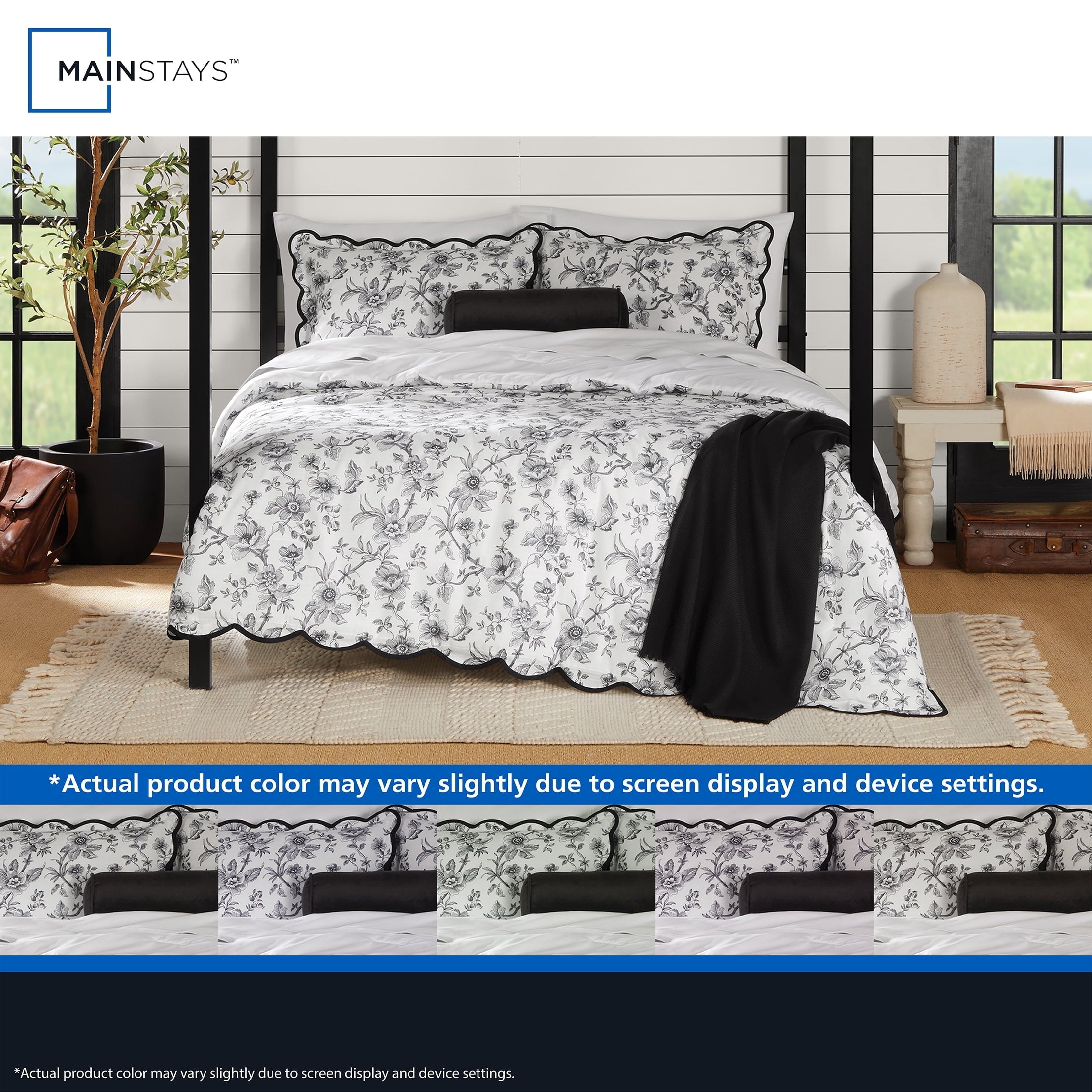 Heavyweight Warmth Floral Scallop 4-Piece White/Black Comforter Set, Twin/Twin XL - Hypoallergenic Ultra-Fluffy Quilt for Winter Detail