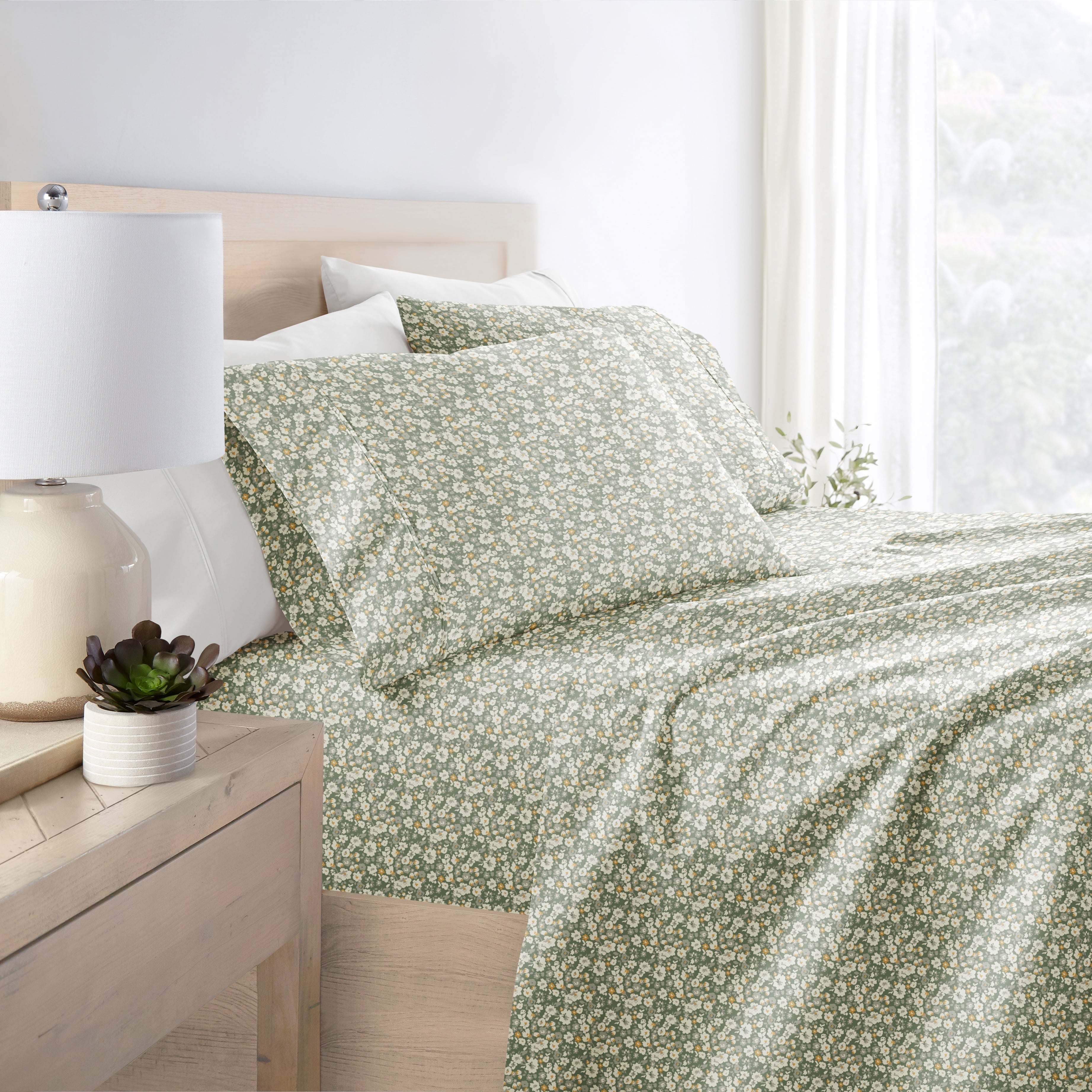 Wrinkle-Resistant 4 Piece Pattern Microfiber Bed Sheets Set, Floral Dream Eucalyptus, Twin - Breathable Egyptian Cotton Flat & Fitted Sheets Detail