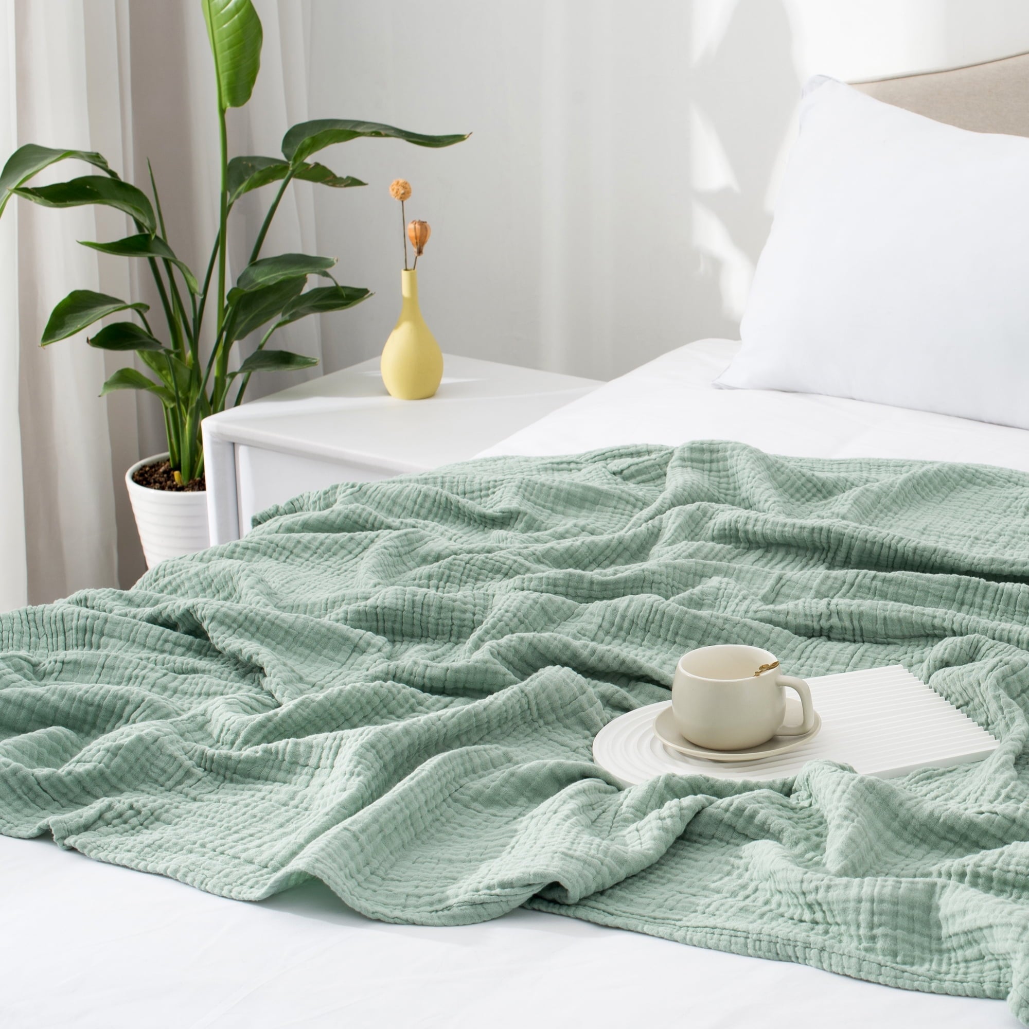 Super Soft Flannel 100% Cotton Muslin Throw Blanket Gauze Blankets for Adults Soft Throws for Bed and Couch, 50" x 70" Sage Green - Cozy Fleece Throw Blanket for Couch & Bed Detail
