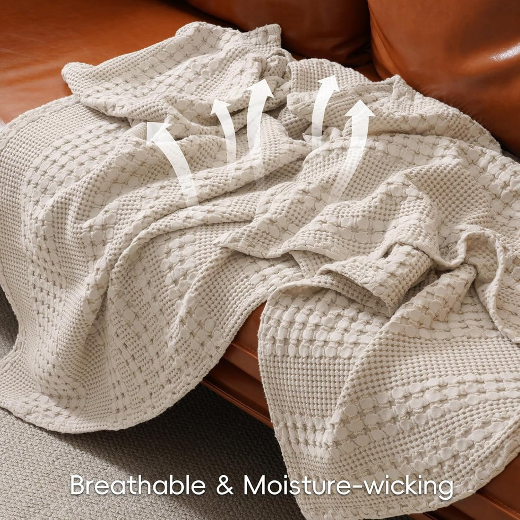 Lightweight Warm 100% Cotton Waffle Weave Blanket, Lightweight Throw Washed Blanket for Bed Sofa Home Decor, Oatmeal, 50"x60" - Lightweight Plush Warm Blanket for All Seasons Detail