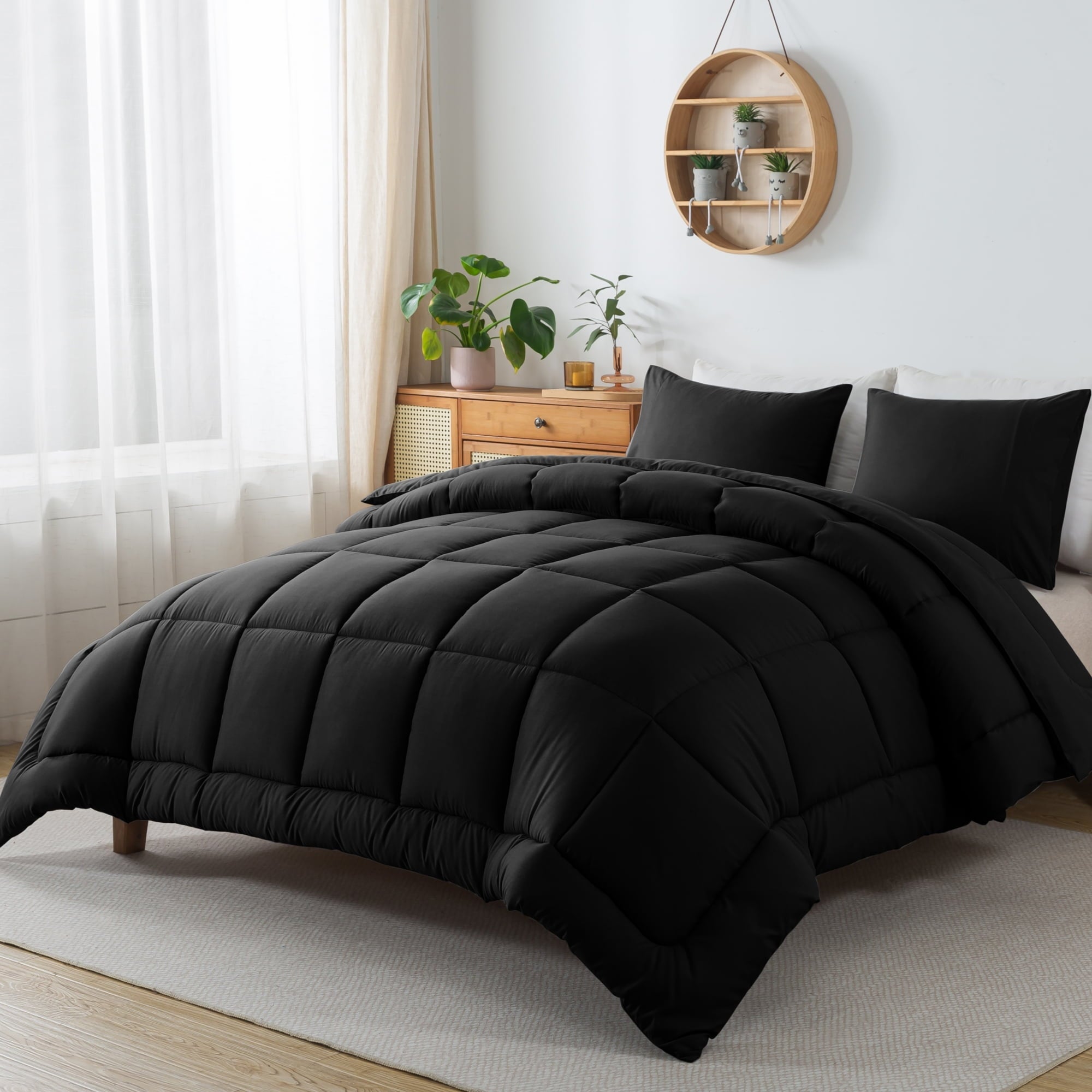 Heavyweight Warmth Queen Size 3-Piece All-Season Down Alternative Comforter Set Deep Black (Comforter and Pillowcase Bedding Set / bed i... - Cloud-Like Soft Lightweight Bed Comforter Detail
