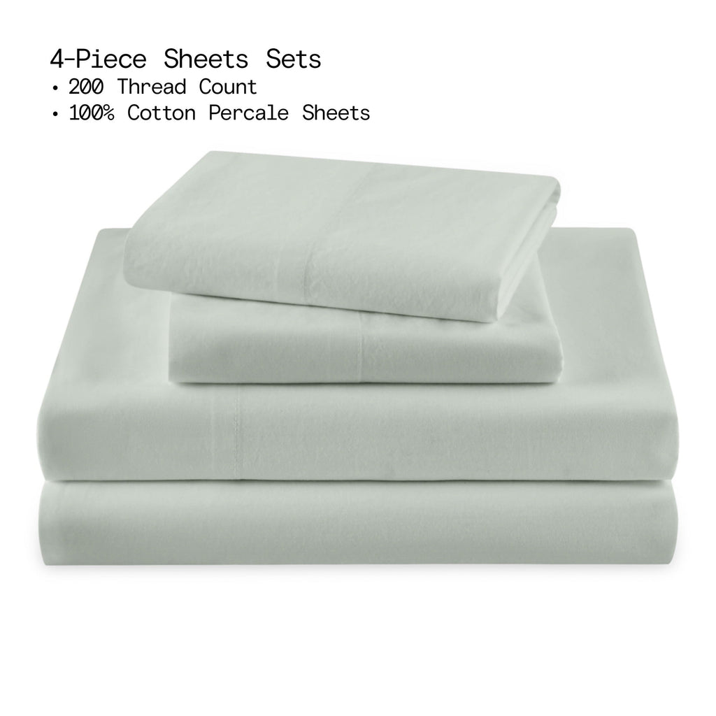 Cooling Sateen Solid 4-Piece 100% Cotton Washed Percale Sage Green Sheet Set, Full - Luxury Bed Sheet Set with Deep Pockets Detail