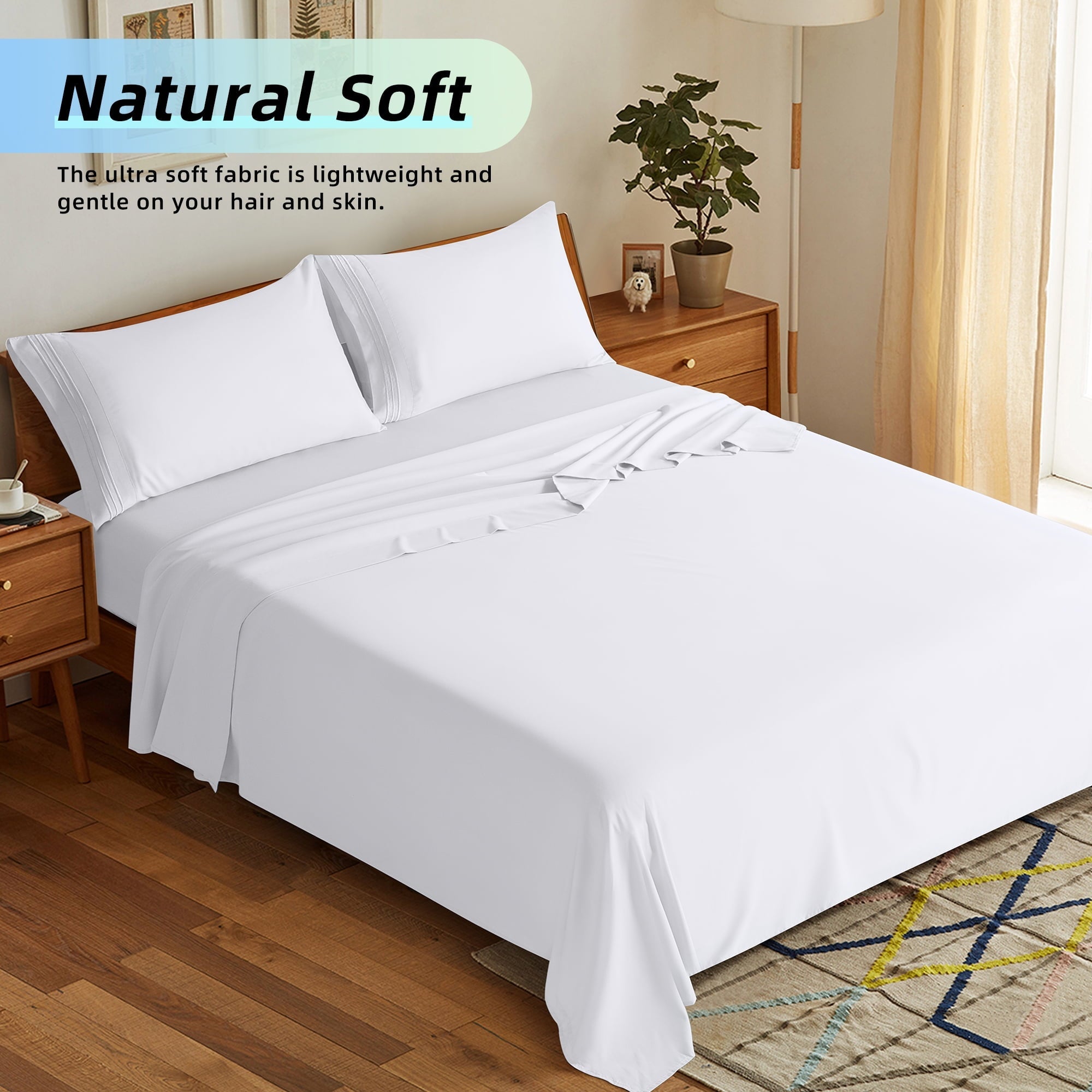 Breathable Luxury Bed Sheets Set, Microfiber Deep Pocket 4 Pieces Luxury Soft Sheet Set, Queen, White - Breathable Egyptian Cotton Flat & Fitted Sheets Detail
