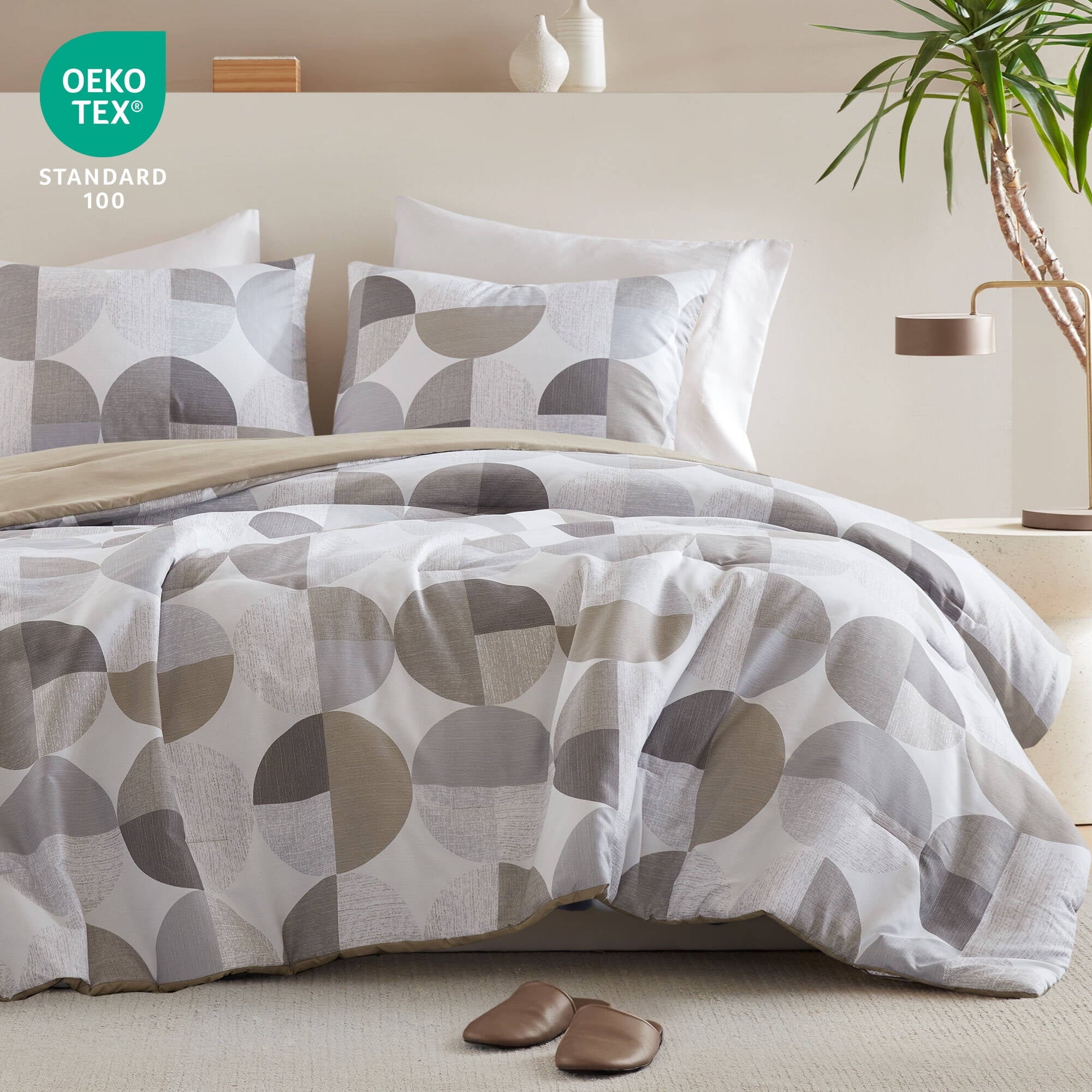 Fluffy Down Alternative Full/Queen Size Comforter Set, Tan/Gray Bedding Set for All Seasons, 3-Piece Round Geometric Print Bedding Comforter Set - Hypoallergenic Ultra-Fluffy Quilt for Winter Detail