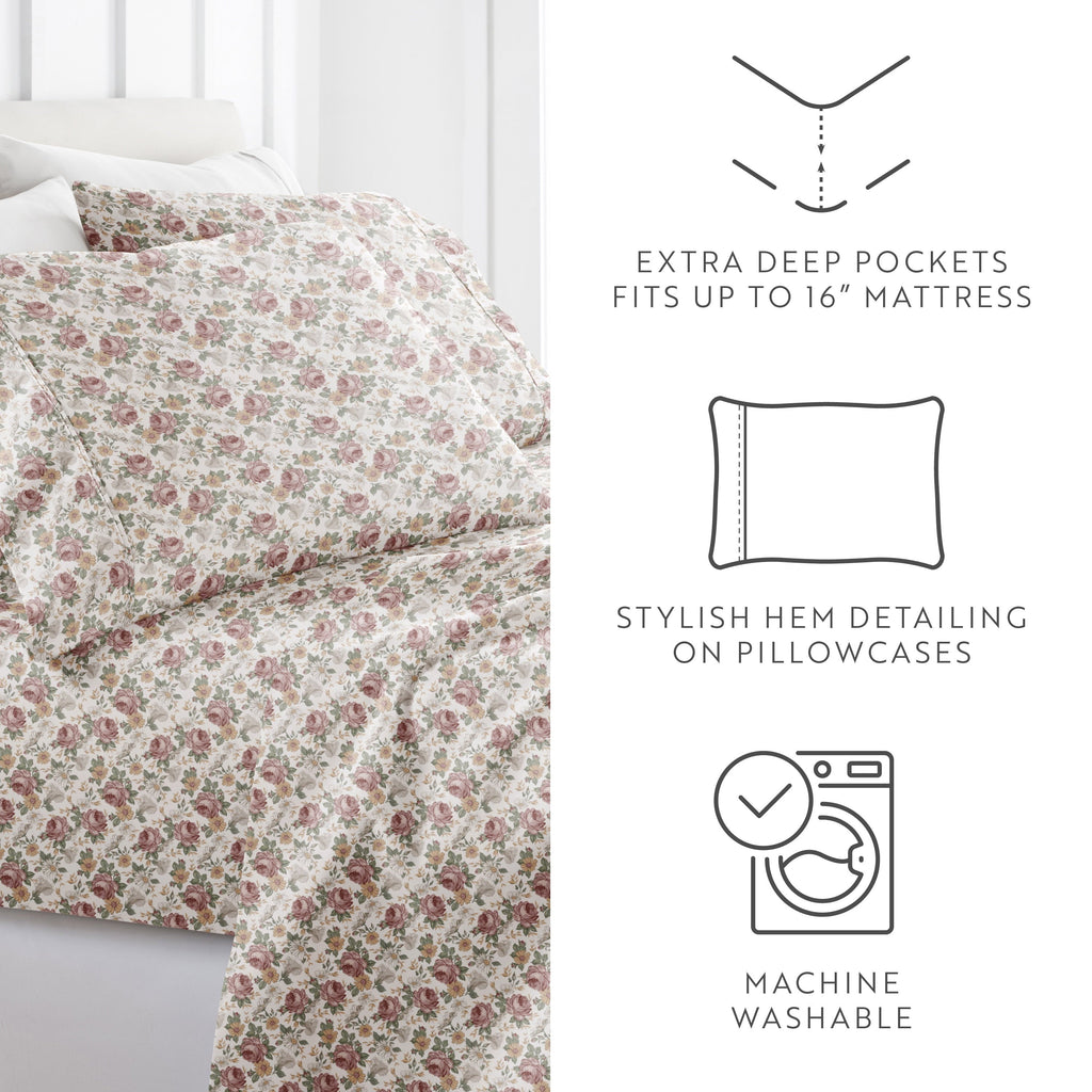 Wrinkle-Resistant 4 Piece Pattern Microfiber Bed Sheets Set, Blooming Floral Rose, Queen - Breathable Egyptian Cotton Flat & Fitted Sheets Detail