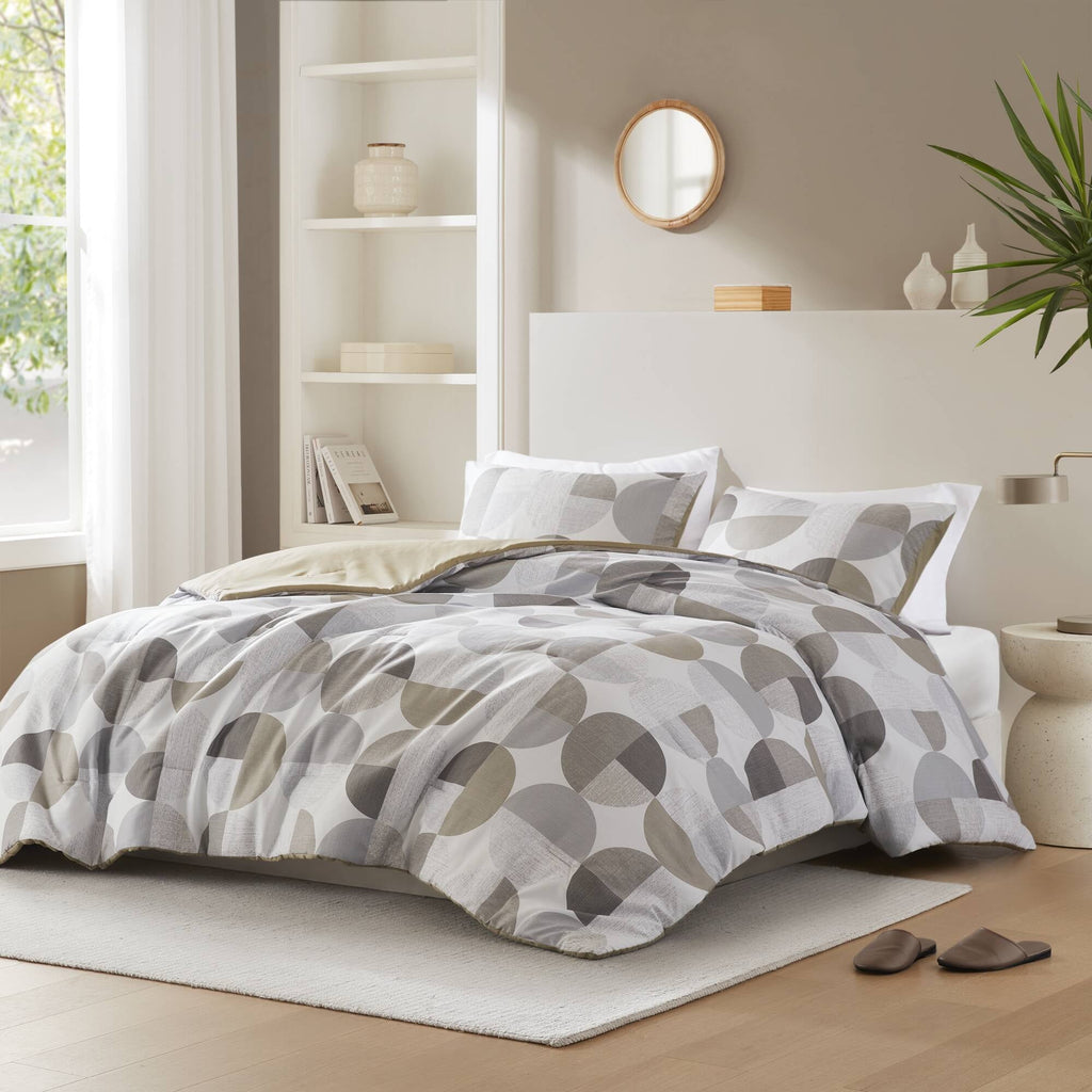 Fluffy Down Alternative Full/Queen Size Comforter Set, Tan/Gray Bedding Set for All Seasons, 3-Piece Round Geometric Print Bedding Comforter Set - Hypoallergenic Ultra-Fluffy Quilt for Winter Detail