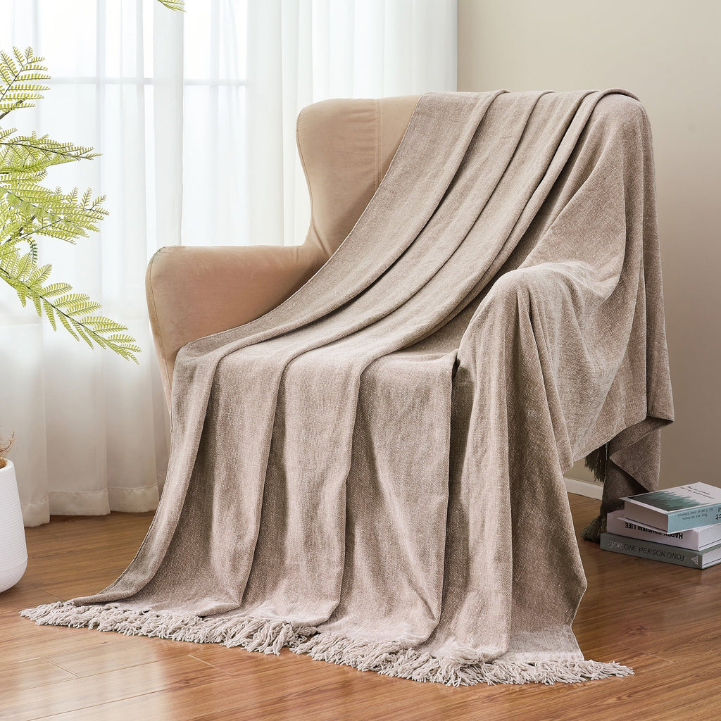 Cozy Fleece Chenille Throw Blanket with Fringe Tassel for Couch Sofa Chair Bed, Taupe 50" X 60" - Lightweight Plush Warm Blanket for All Seasons Detail