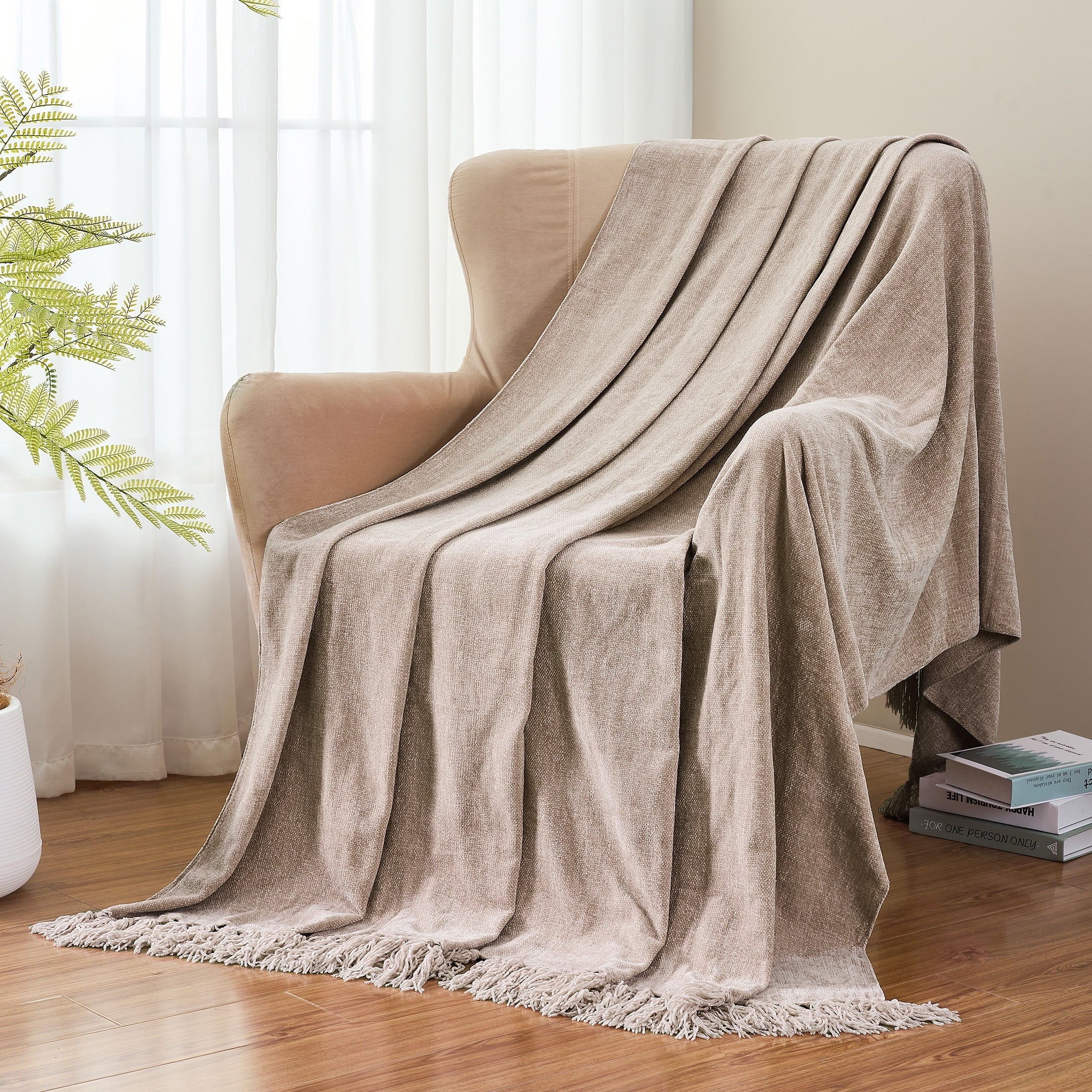 Cozy Fleece Chenille Throw Blanket with Fringe Tassel for Couch Sofa Chair Bed, Taupe 50" X 60" - Lightweight Plush Warm Blanket for All Seasons Detail