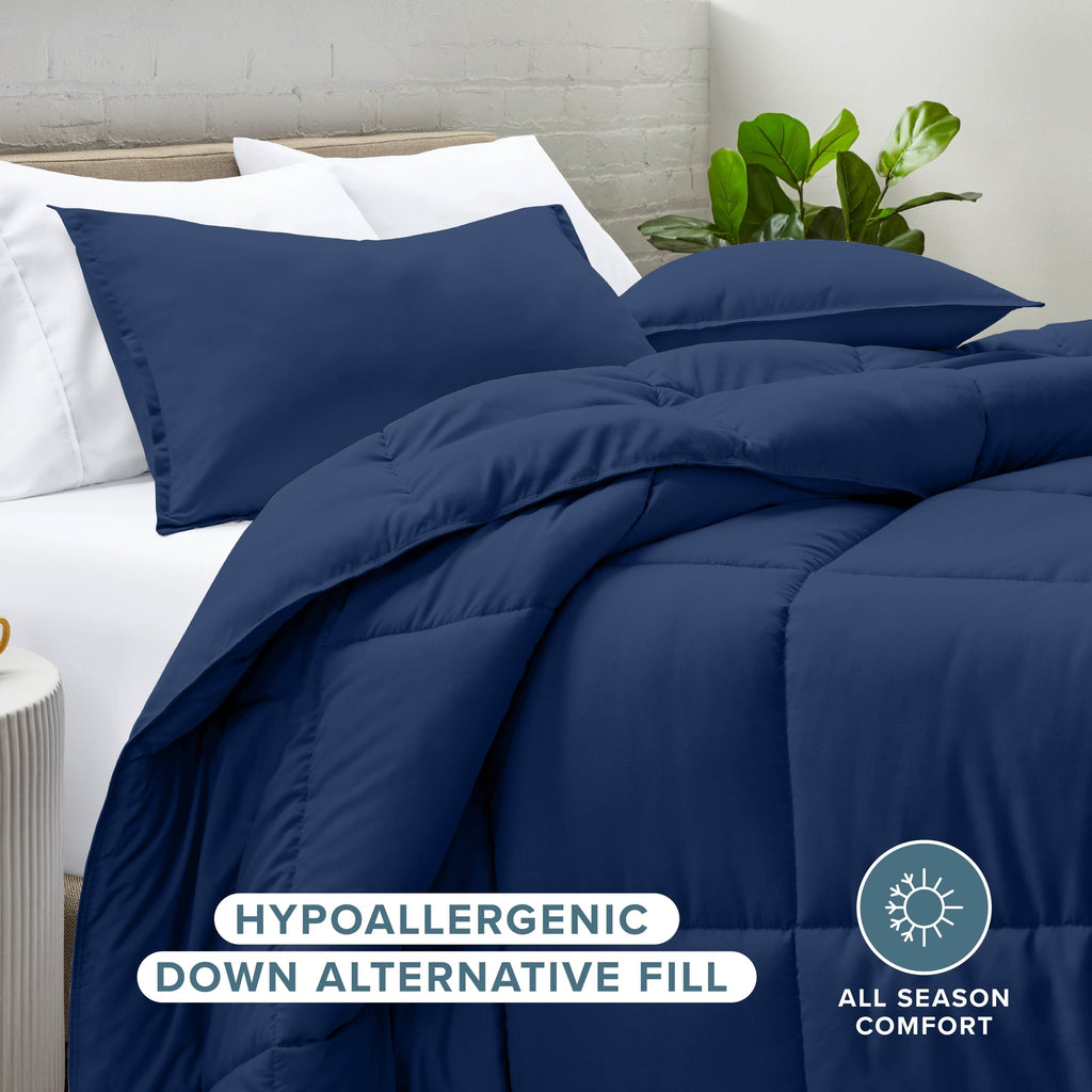 Luxurious Quilted Down Alternative Comforter Set - 3-Pieces - All Seasons - Queen, Dark Blue - Hypoallergenic Ultra-Fluffy Quilt for Winter Detail