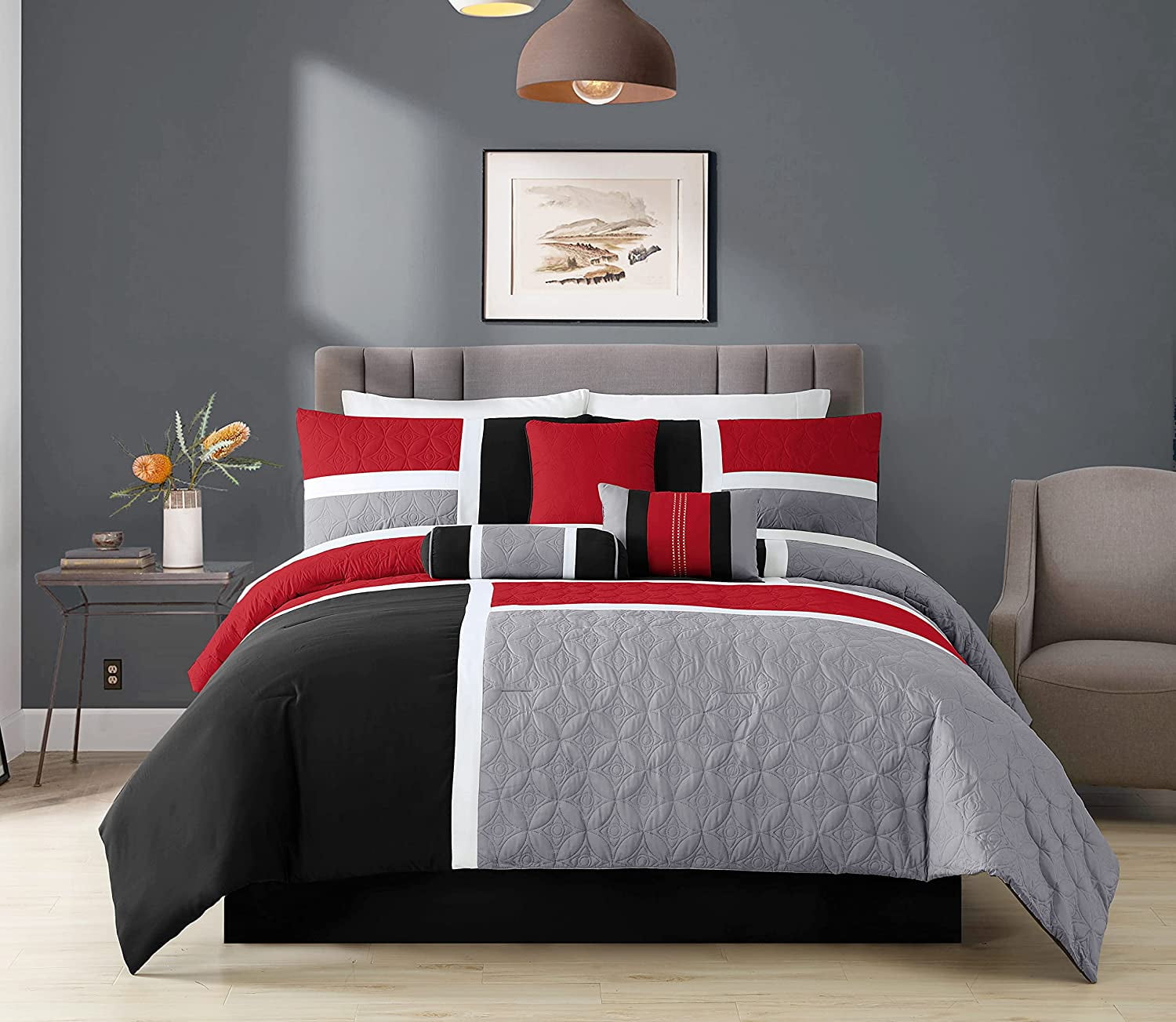 Luxurious Quilted 7-Piece Medallion Patchwork Comforter Set, Full, Red/Gray/Black - Hypoallergenic Ultra-Fluffy Quilt for Winter Detail