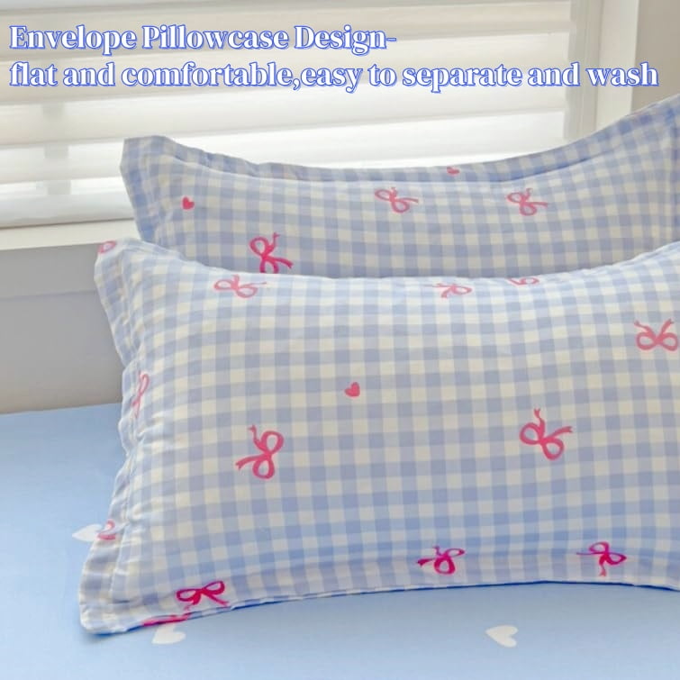 Hypoallergenic Cloud 3-Piece Blue Plaid Pink Bows Comforter Full Set , Cute Soft Bedding Set for Kids Adults - All-Season Down Alternative Comforter Insert Detail
