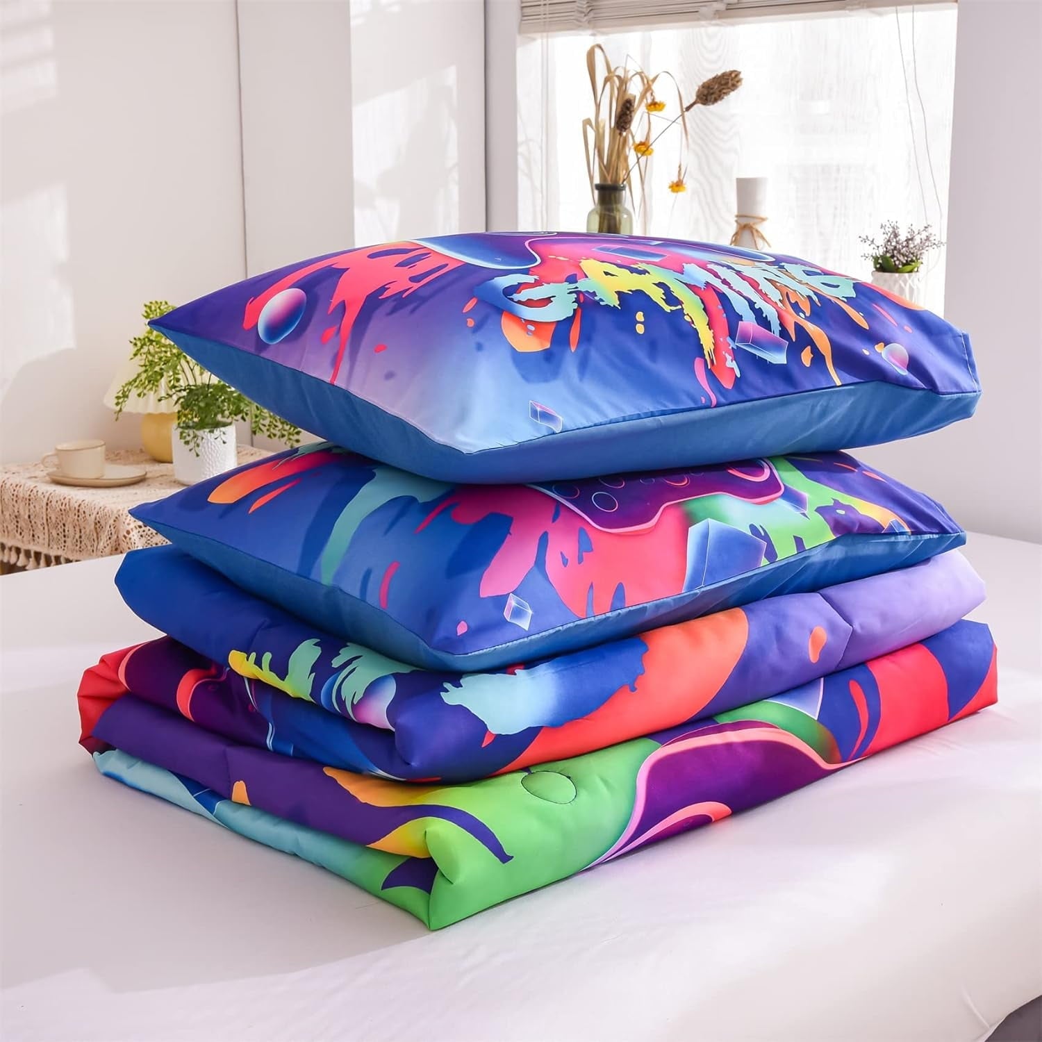 Heavyweight Warmth Purple Queen Gaming Comforter Sets for Boys Kids Bedding Sets Colorful Games Console Gamer Quilt Set - Luxurious Quilted Duvet Cover Set Detail