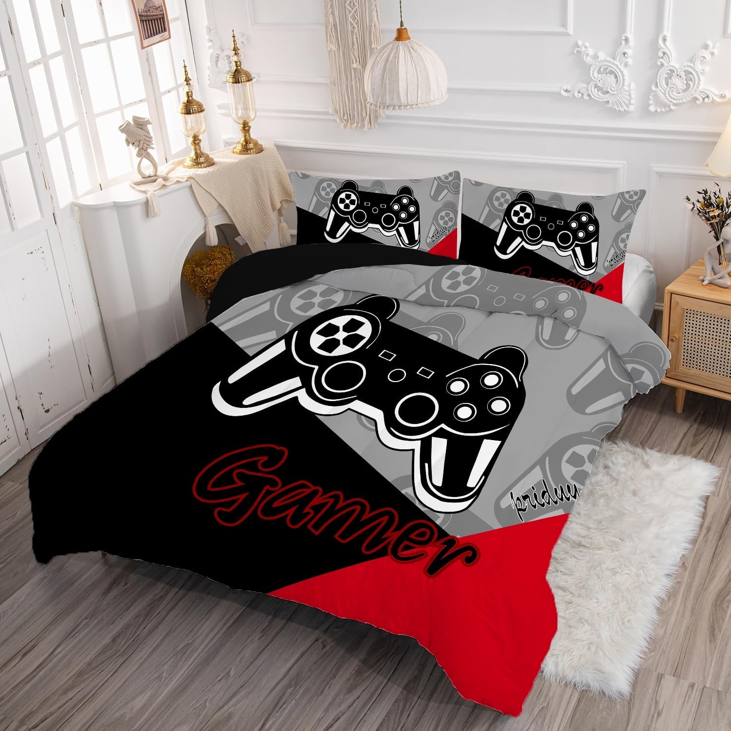 Luxurious Quilted Gaming Comforter for Kids Boys Teens Video Game Bedding Set Gamer Comforter Gamepad Comforter Set Full Size Red Black... - All-Season Down Alternative Comforter Insert Detail