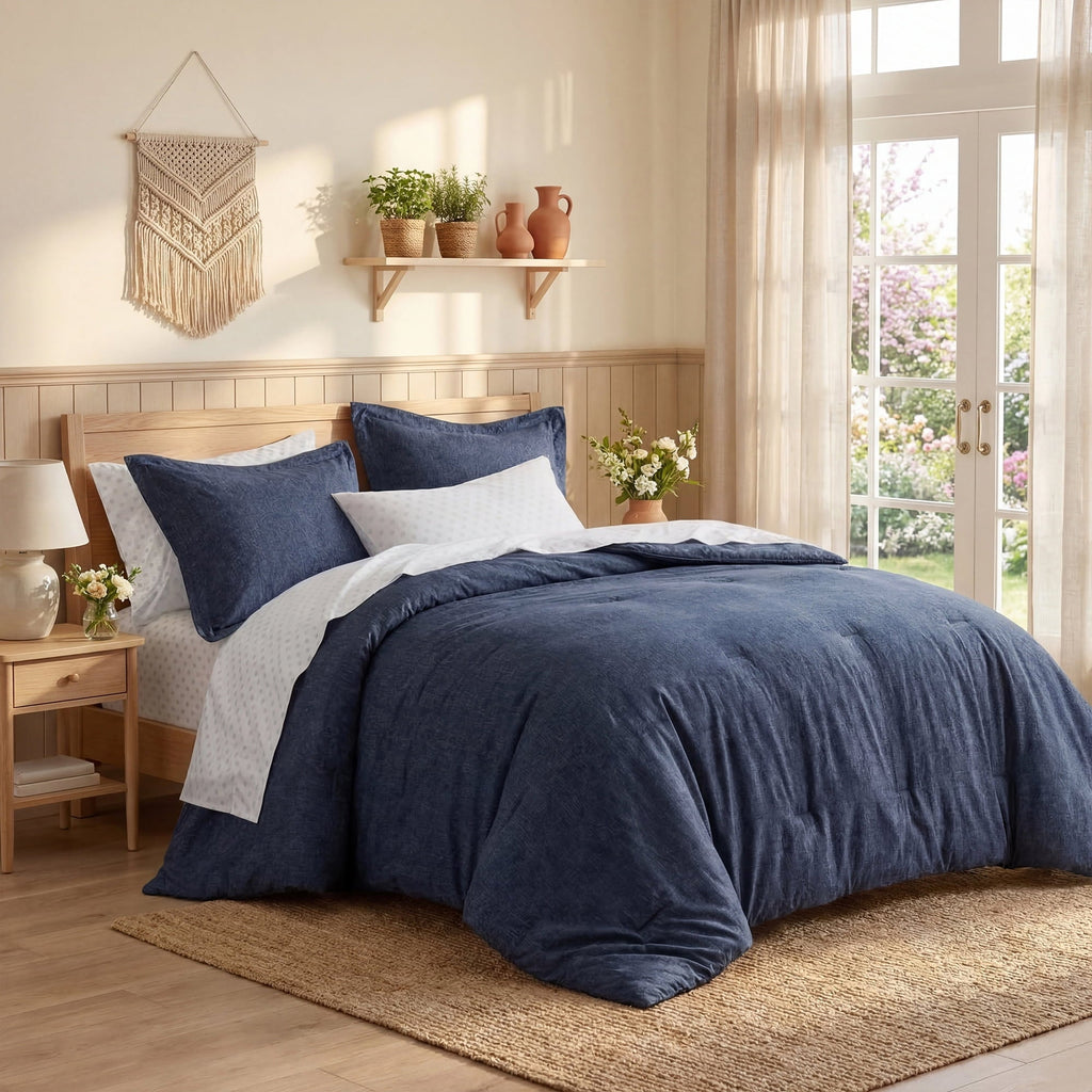 All-Season Queen Size Comforter Set, 7-Piece Reversible Bed in a Bag with Sheets, Navy - Cloud-Like Soft Lightweight Bed Comforter Detail