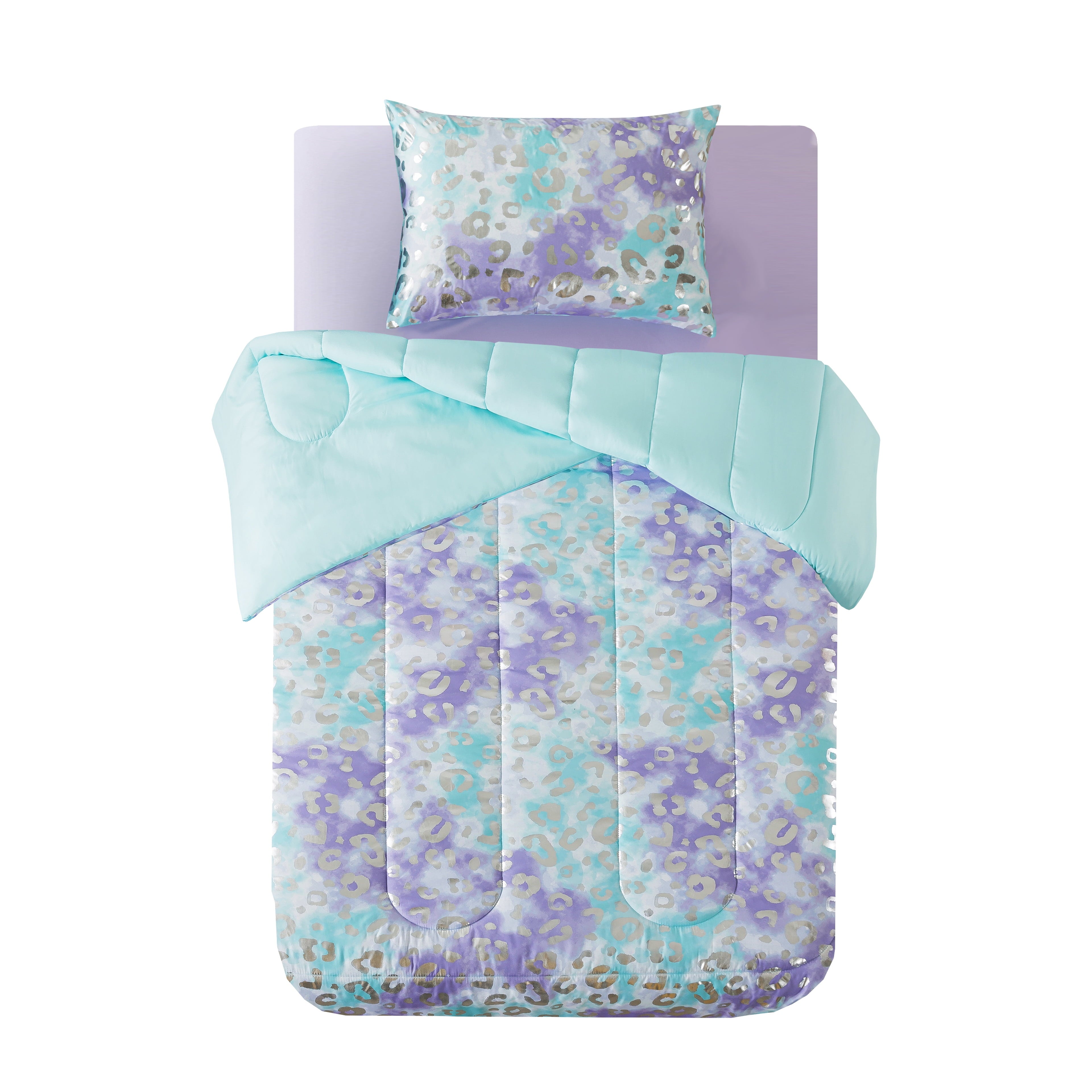 All-Season 5-Piece Purple Metallic Foil Cheetah Bedding Set for Kids with Storage Bag, Twin - Luxurious Quilted Duvet Cover Set Detail