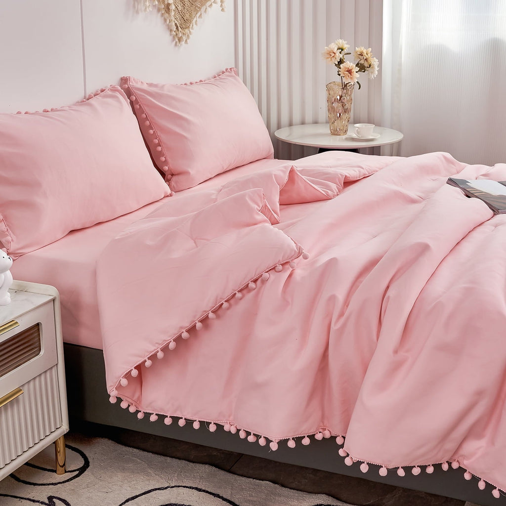 All-Season Pink Full Size Comforter Set Pom Fringe 3 Pcs Boho Chic Cute Ball Pom Blush Bedding Set Cali Soft Lightweight Solid B... - Luxurious Quilted Duvet Cover Set Detail