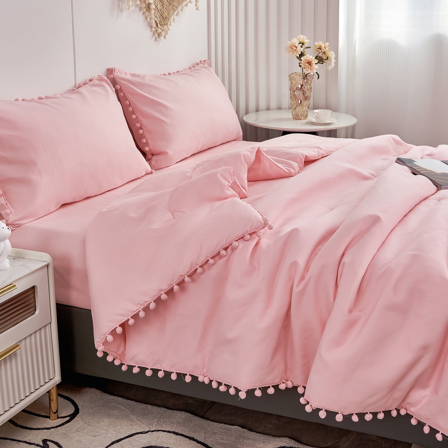 All-Season Pink Full Size Comforter Set Pom Fringe 3 Pcs Boho Chic Cute Ball Pom Blush Bedding Set Cali Soft Lightweight Solid B... - Luxurious Quilted Duvet Cover Set Detail